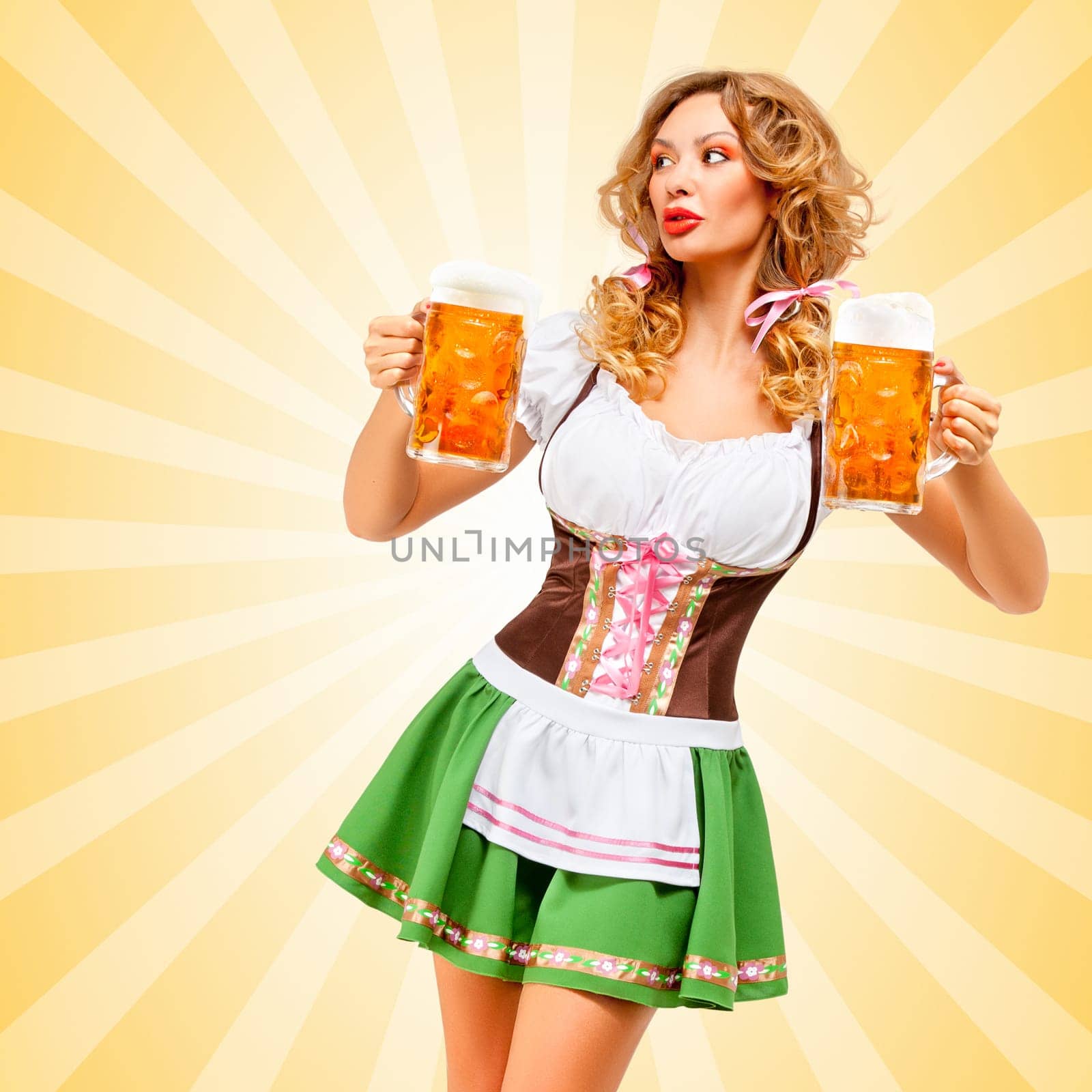 Beautiful sexy Oktoberfest woman wearing a traditional Bavarian dress dirndl looking aside with two beer mugs on colorful abstract cartoon style background.
