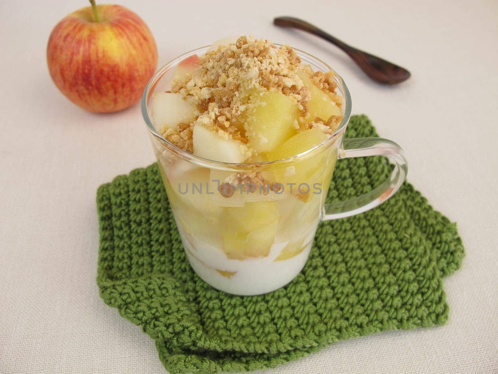 Crumble Mug Cake with apple,yoghurt,biscuit crumb sands and almond croquet