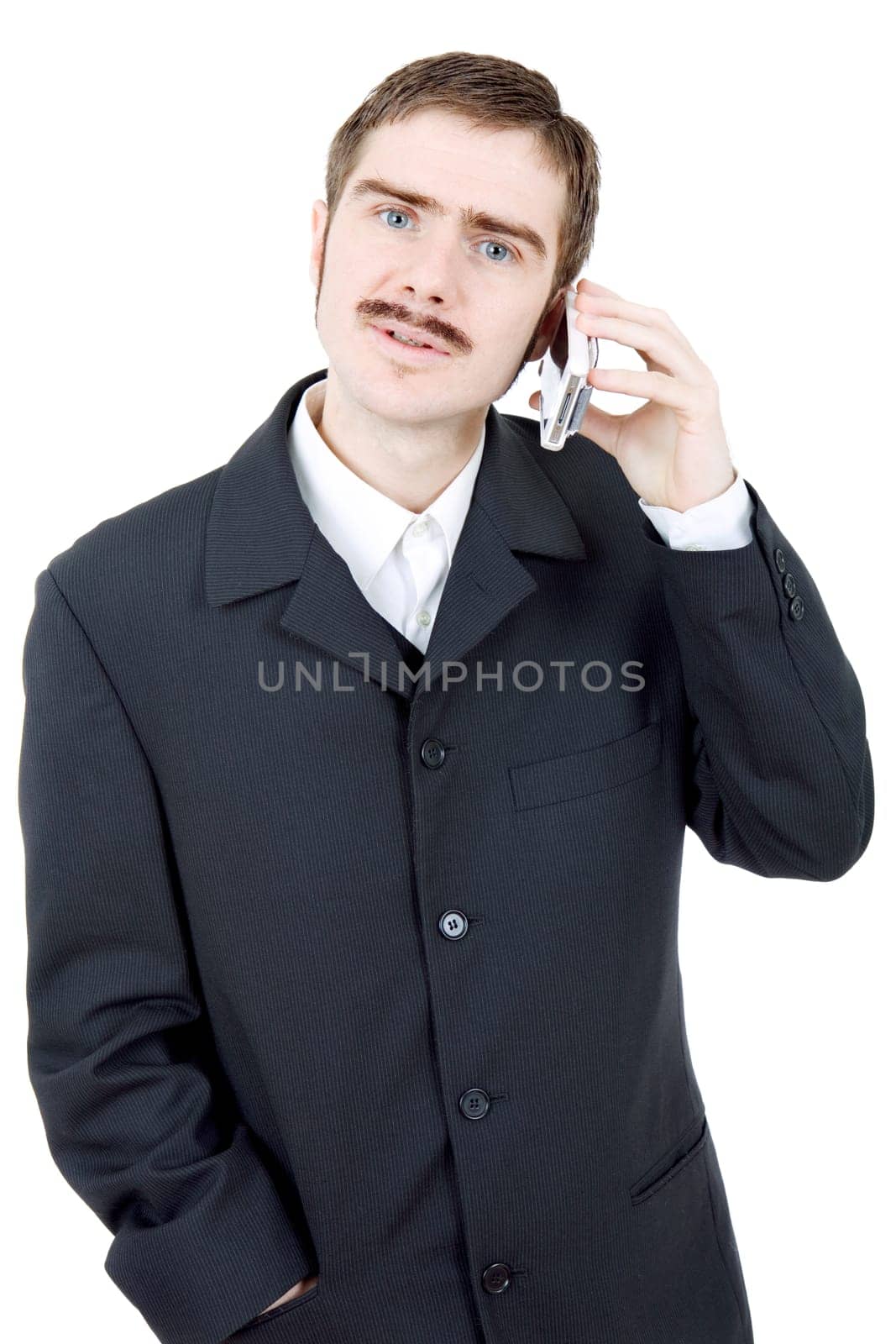 young man on the phone in white background