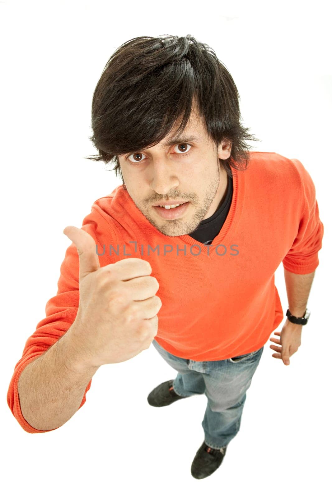 young casual man going thumb up in a white background