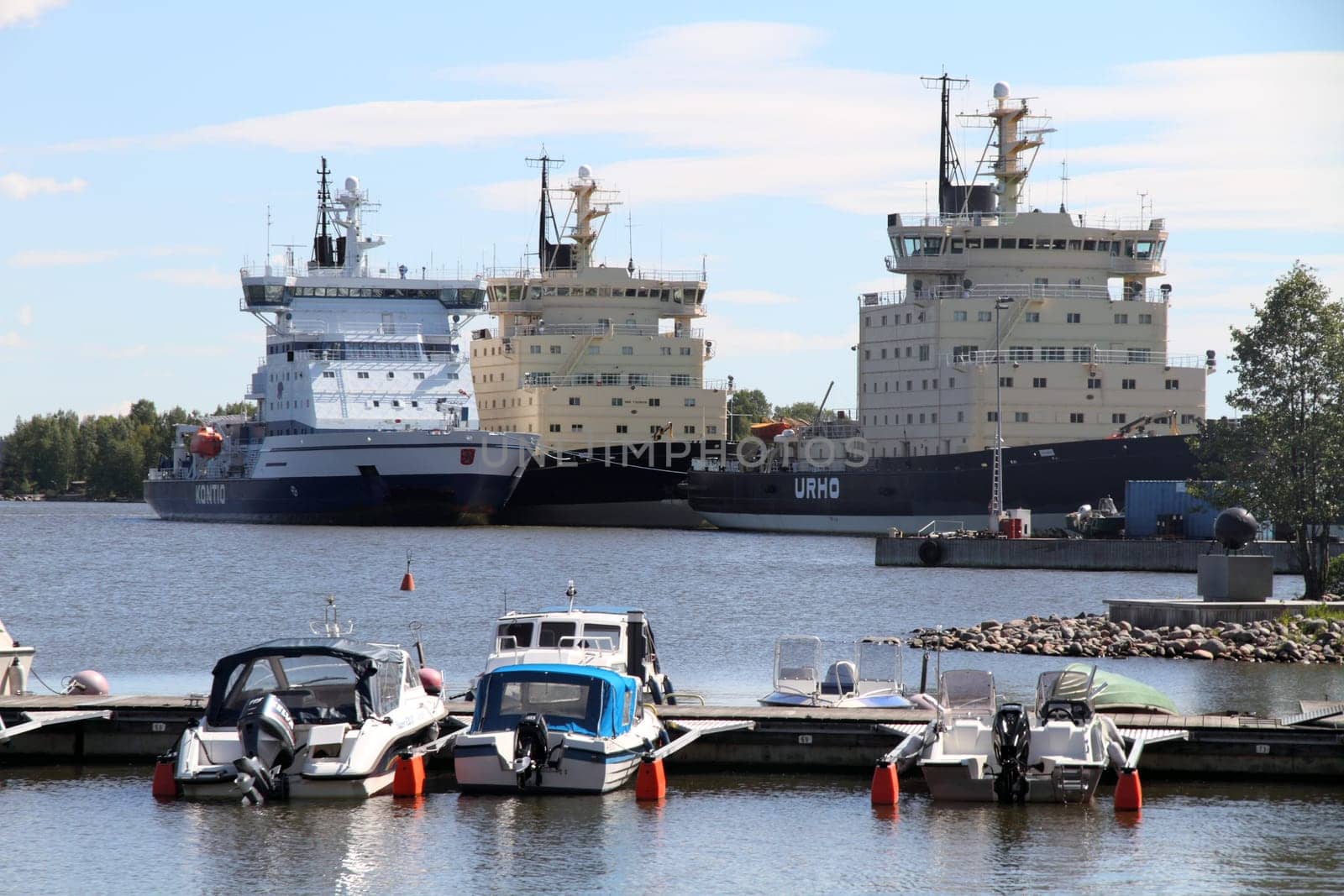 HELSINKI, FINLAND - JUNE 5, 2015: Photo of three icebreakers docked in the port