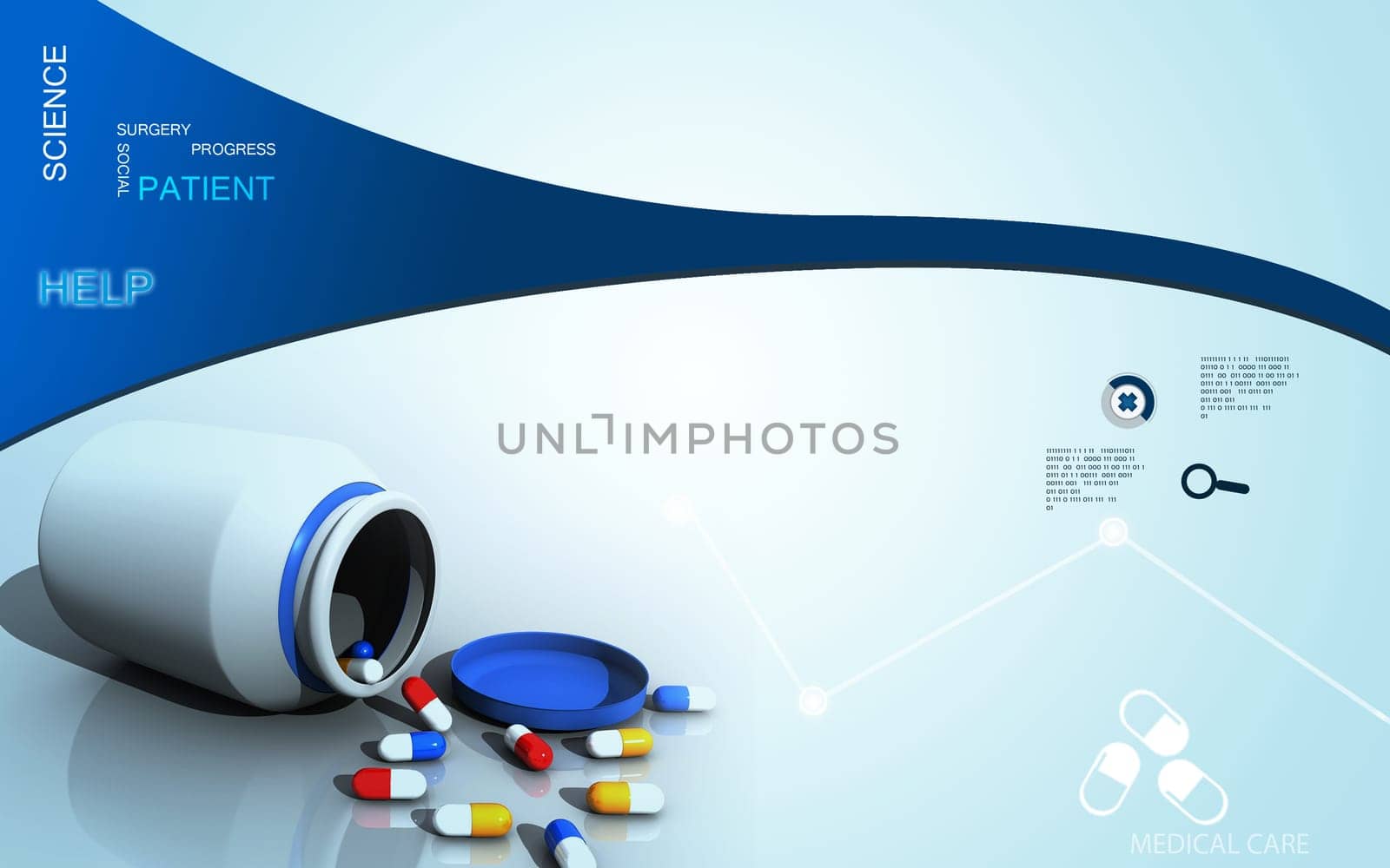 Digital illustration of capsule bottle in colour background
