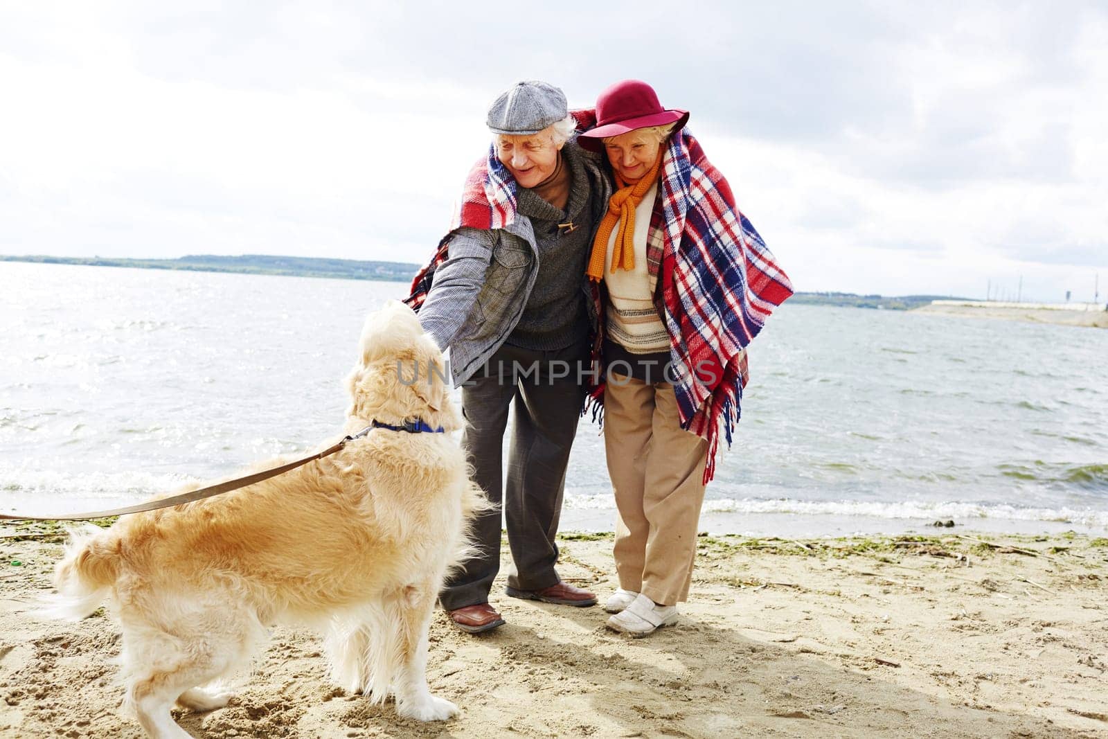 Retired couple playing with dog by seaside on autumn weekend