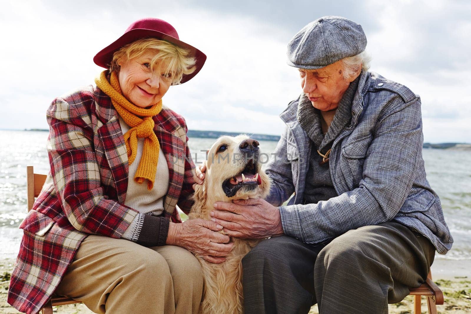 Retired couple playing with their pet outdoors