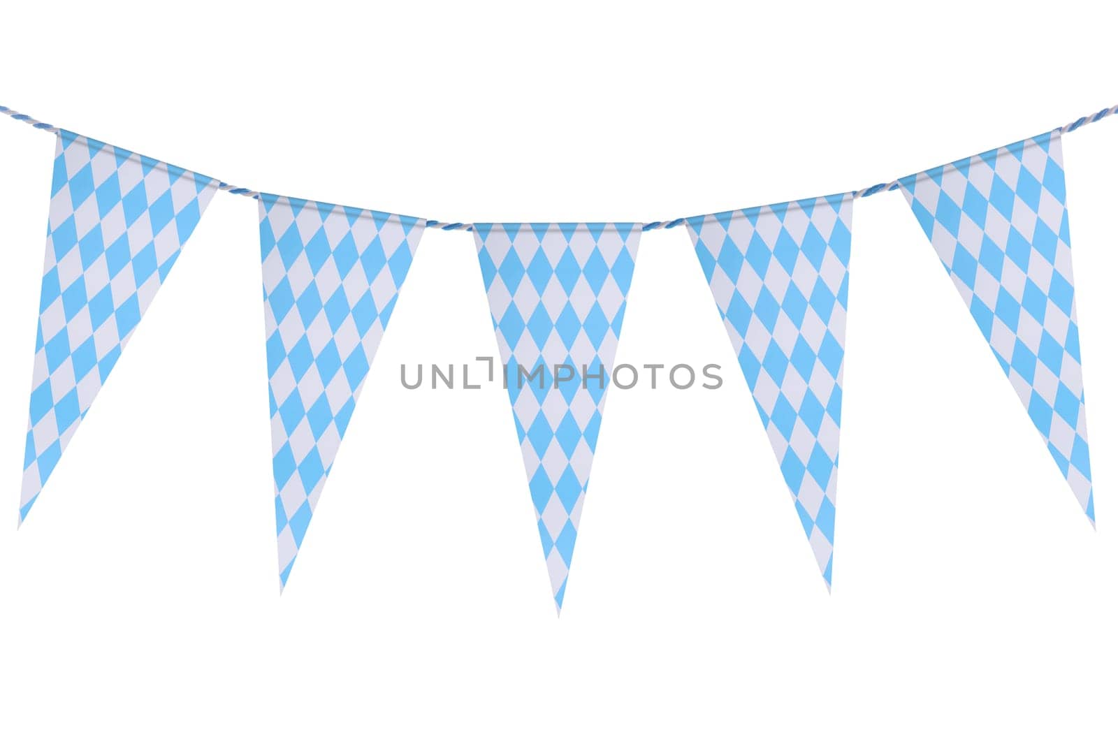 Original Bavarian pennant garland with diamond pattern. Classic beer tent decoration. Isolated on white.