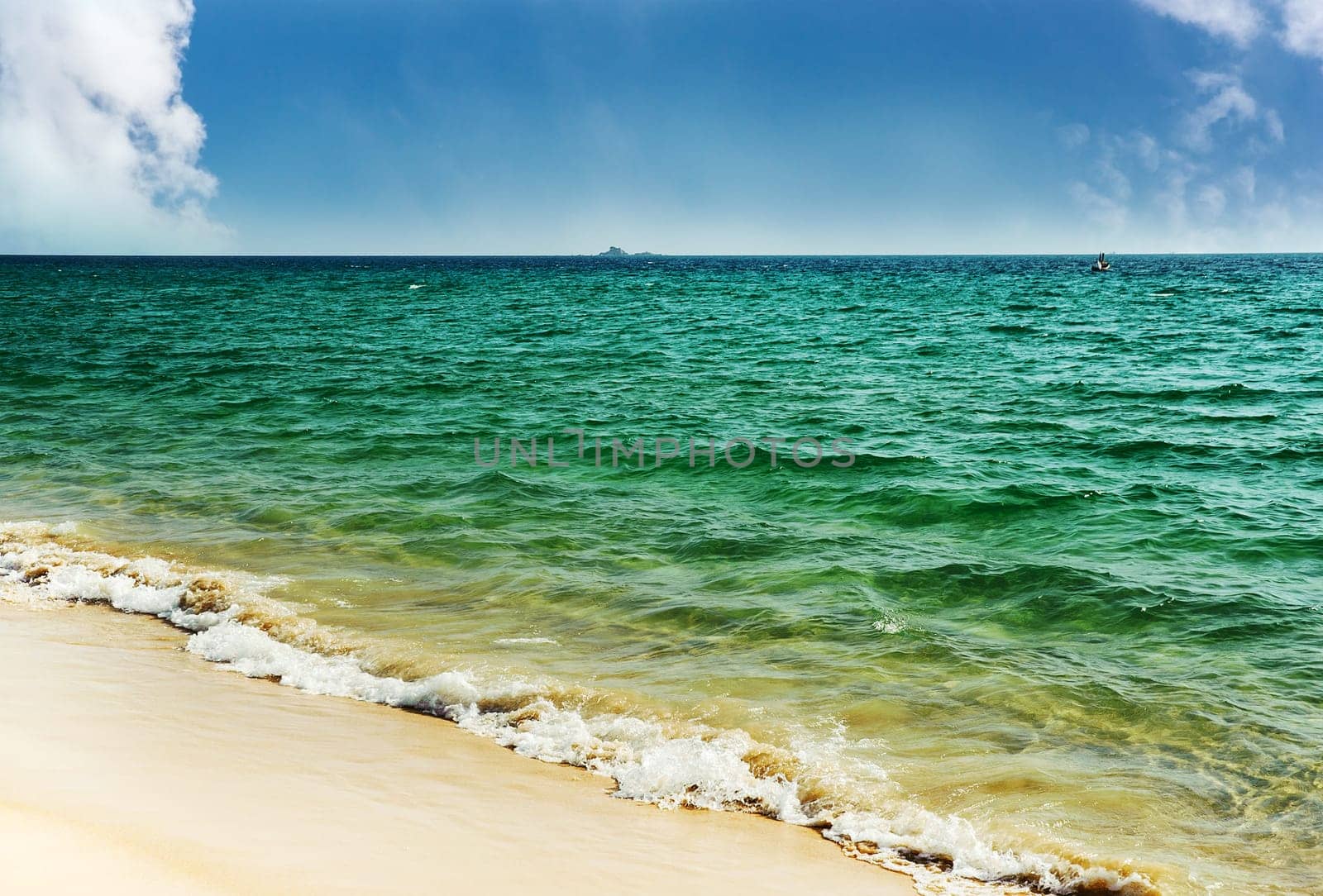 Green sea beautiful with blue sky and white cloud, Tropical travel, Sea in Thailand