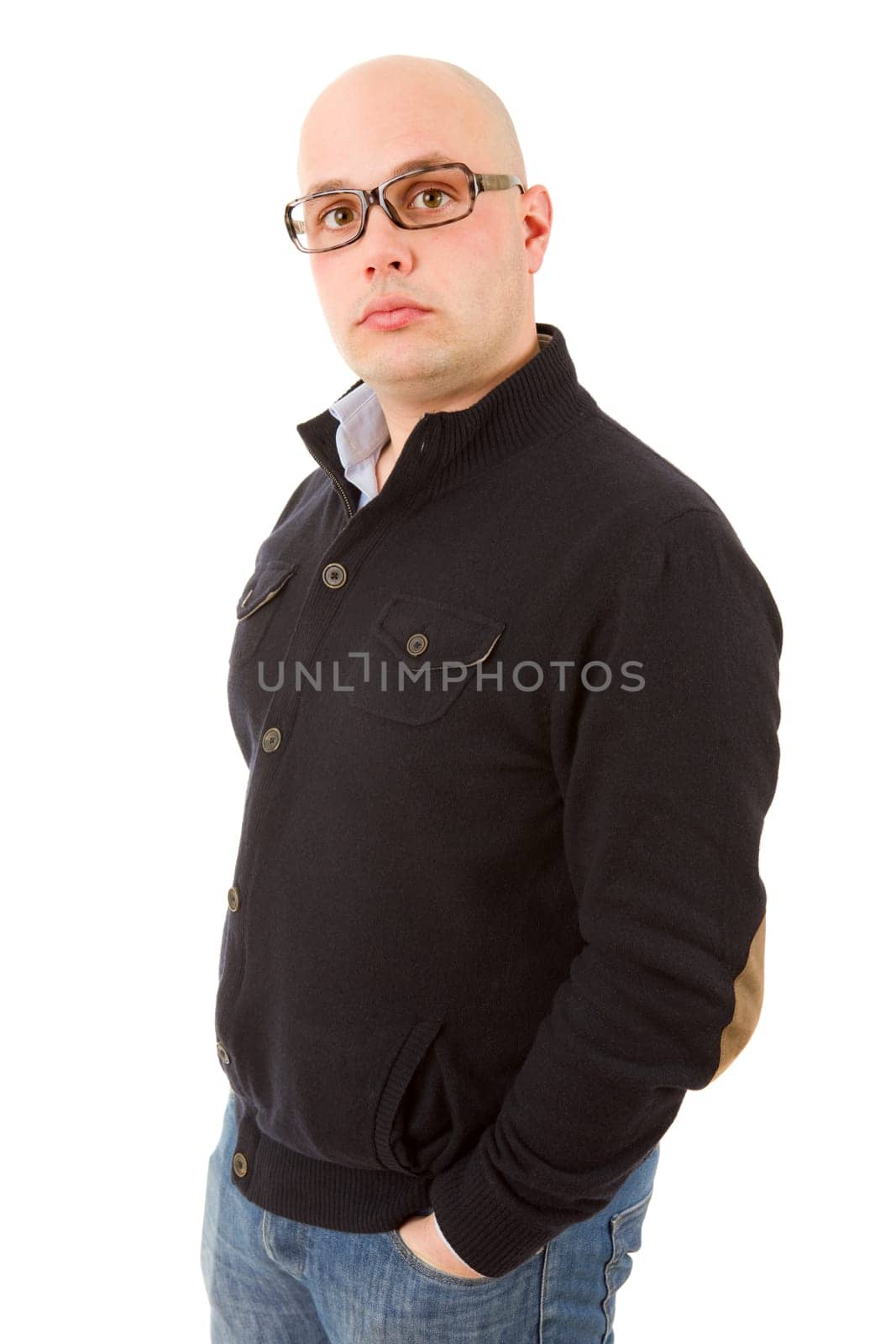 young casual man thinking, isolated on white backgroung