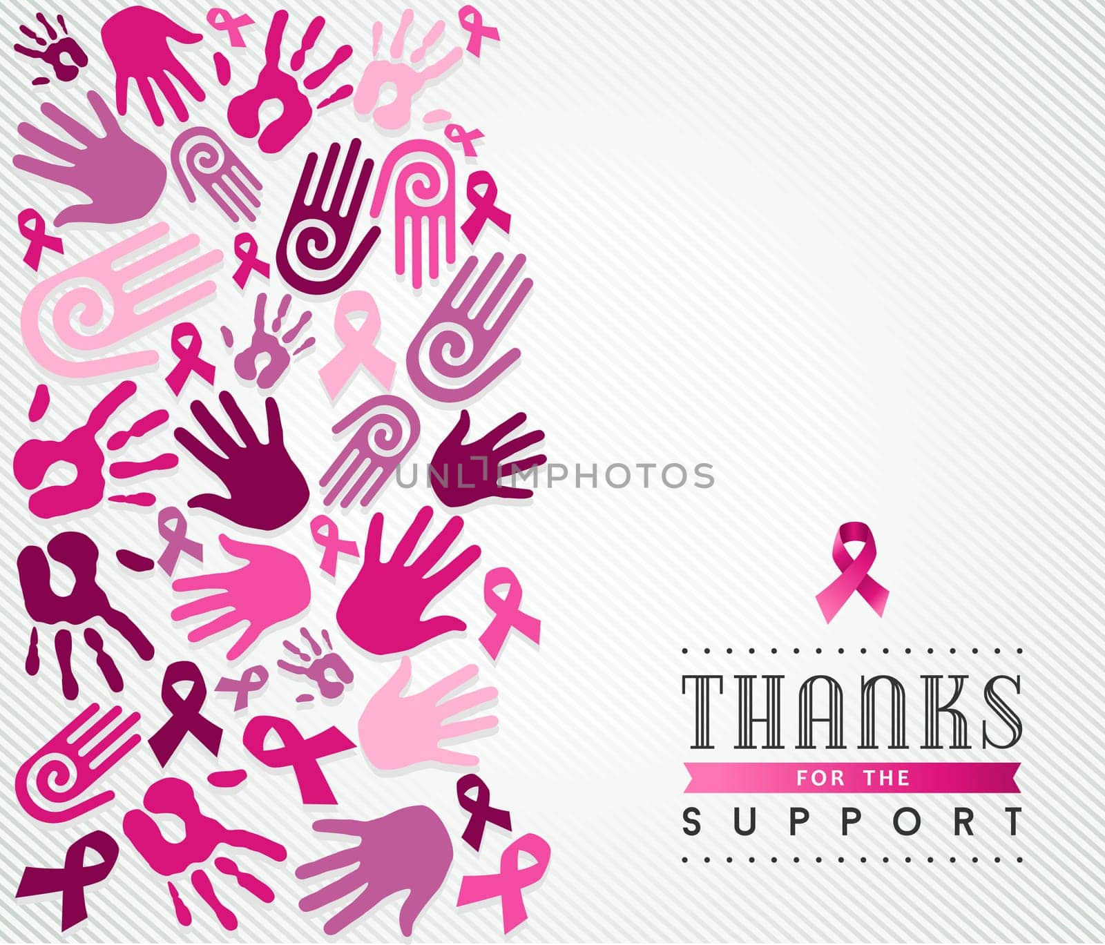 Global collaboration support concept illustration for breast cancer care. Hand and ribbon sign in pink colors. EPS10 vector file.