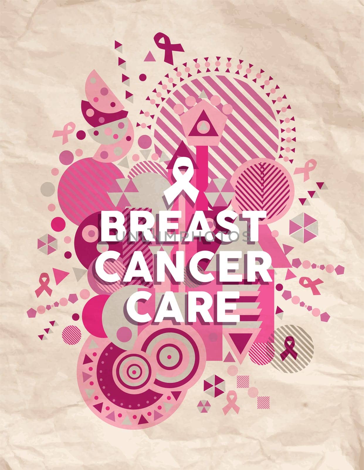 Breast cancer care typography poster with pink geometry shapes and ribbon elements concept illustration over old paper background. EPS10 vector file.