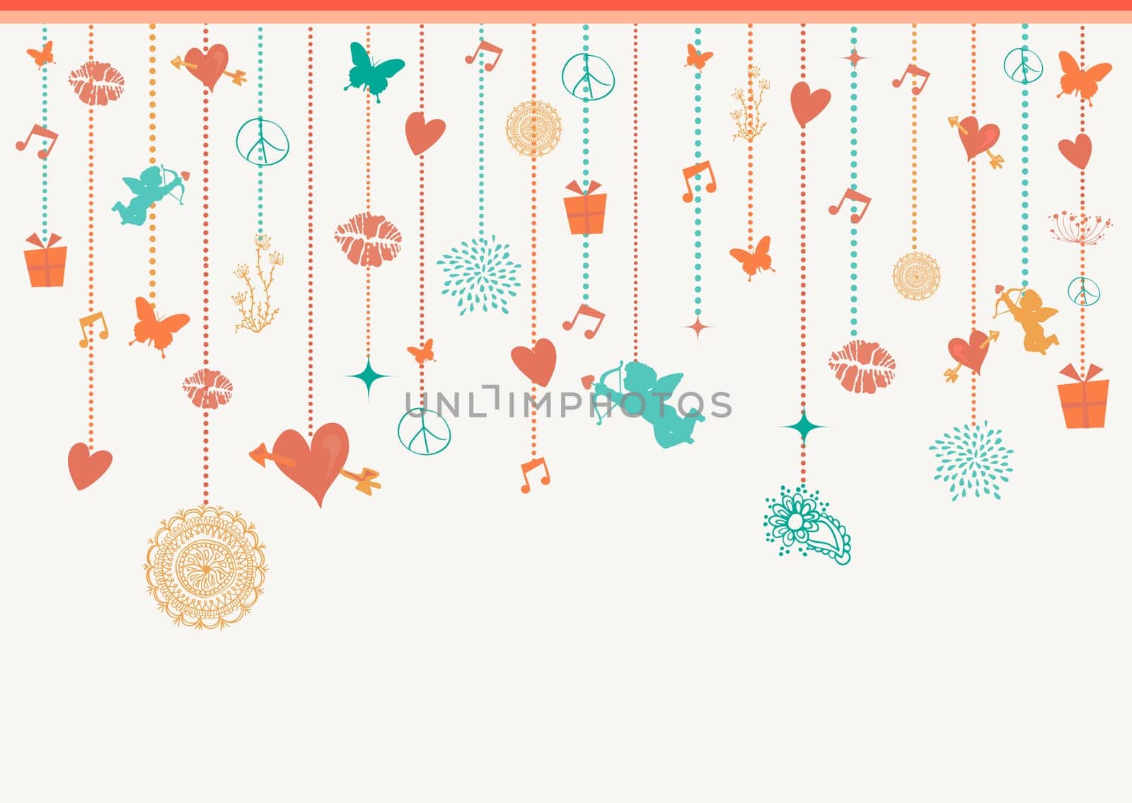 Happy Valentine holidays colorful hanging decoration elements angels, hearts and baubles greeting card background. EPS10 vector file.