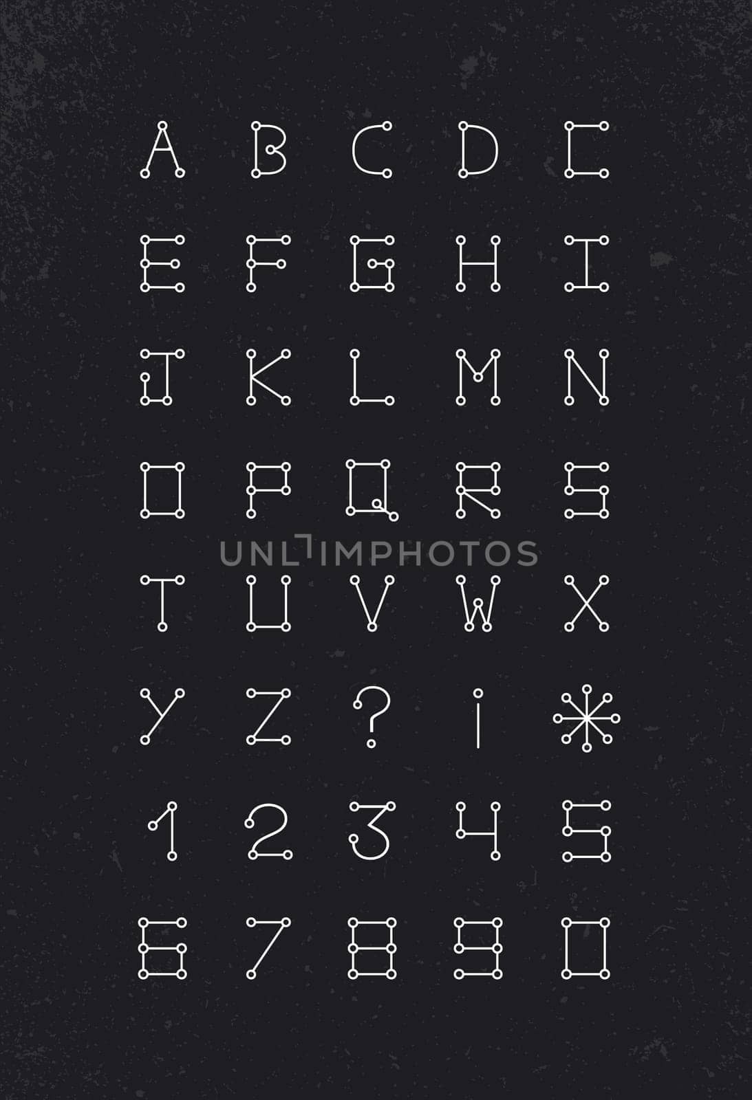 Simple modern font set with numbers in a contemporary geometric molecular dot style over blackboard background. EPS10 vector file.