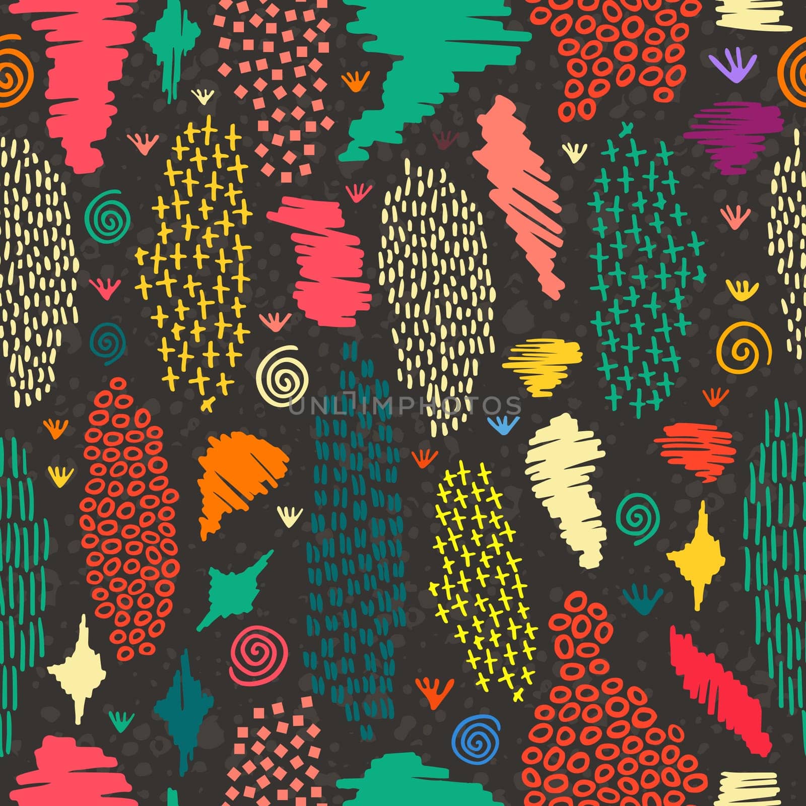 Vintage boho fashion style seamless pattern blackboard background with colorful tribal shapes. Ideal for fabric design, paper print and web backdrop. EPS10 vector file.