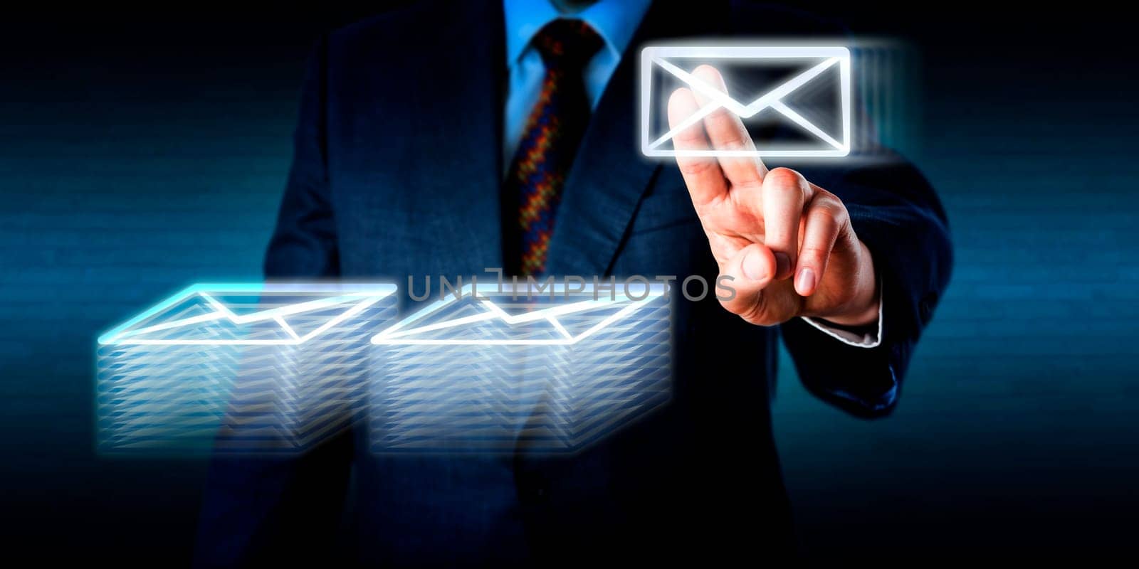 Overworked office worker is stacking many email documents in cyberspace. Business metaphor for work overload, doing overtime, archival work in the digital age and global communications technology.
