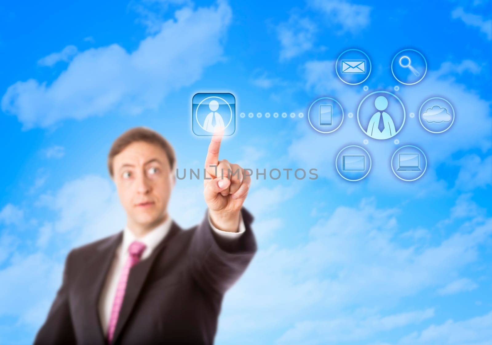 Intently looking corporate consultant is touching an interface key to contact a zero-hours contractor in cyberspace. Concept for outsourcing, subcontracting, delegating and plug-and-play workers.