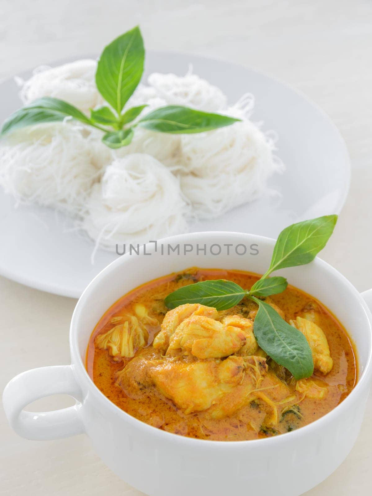 Crab meat coconut milk curry with rice noodle, Thai spicy soup cuisine