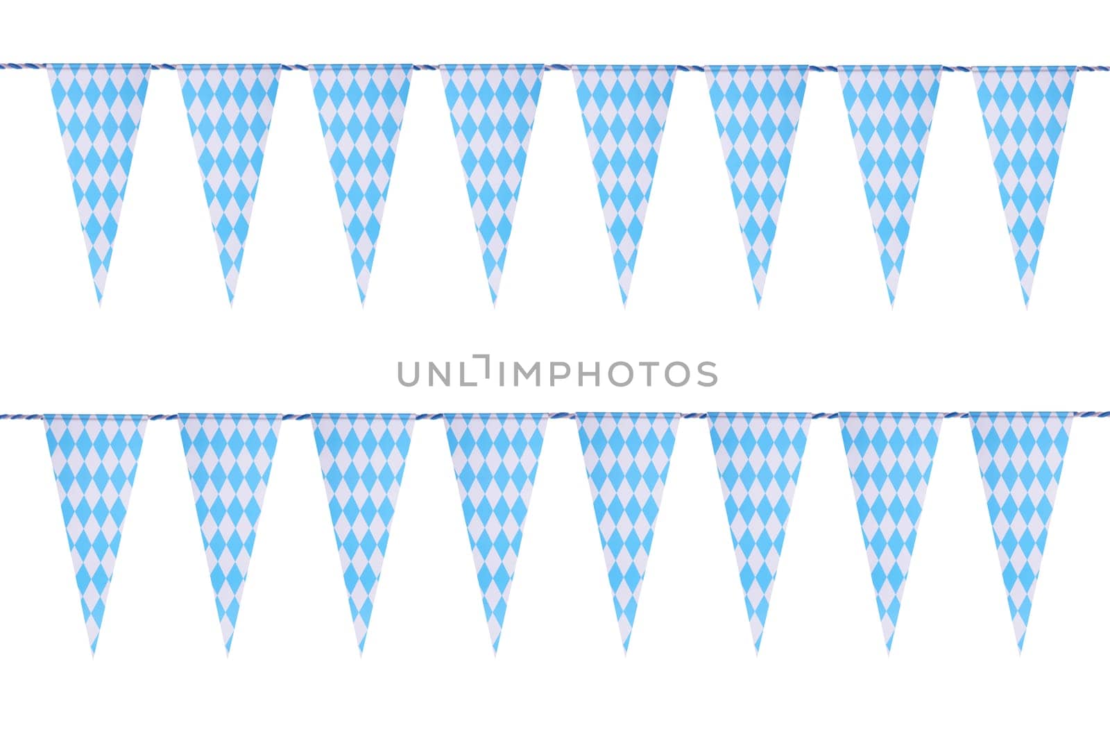 Original Bavarian pennant garland with diamond pattern. Classic beer tent decoration. Isolated on white.