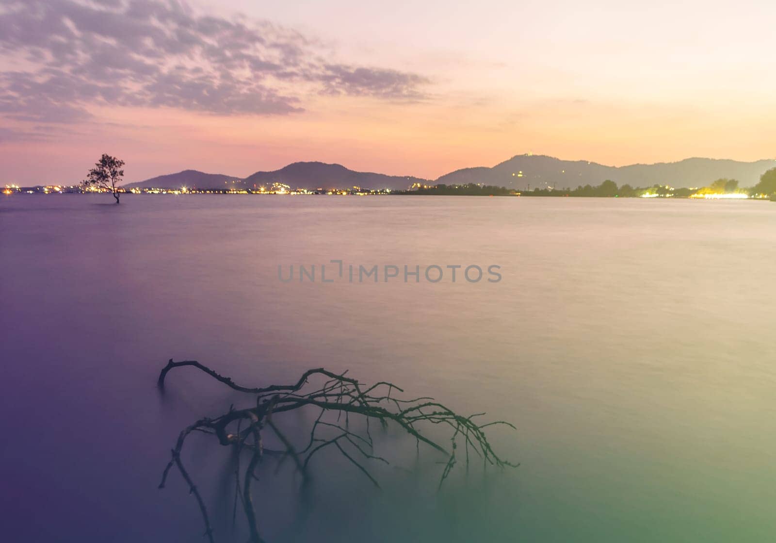 Vintage seascape colorful with color of sunset in twilight, Long speed shutter technique