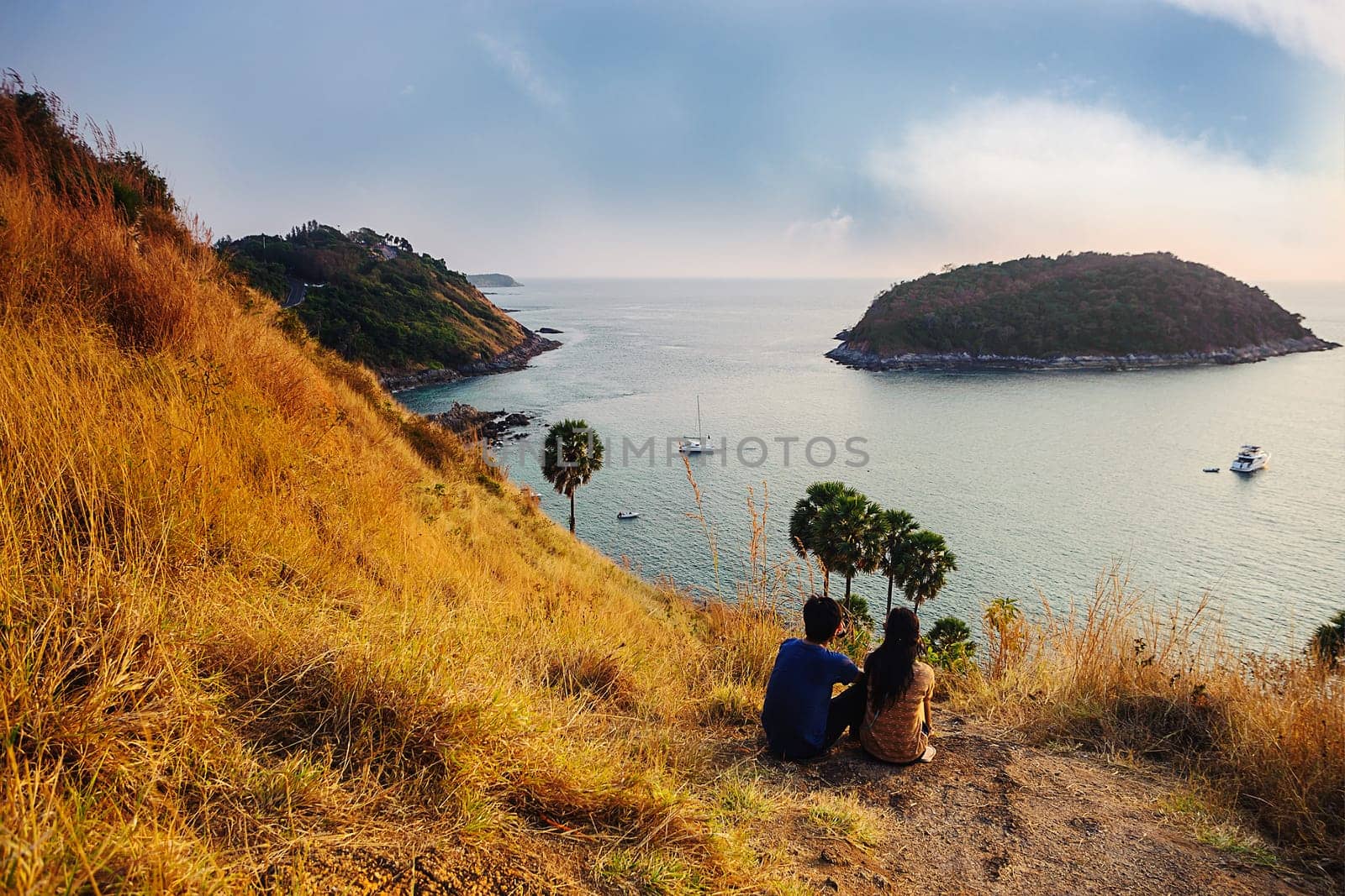 Emotion in love of young with beautiful of seascape, Phuket view point thailand