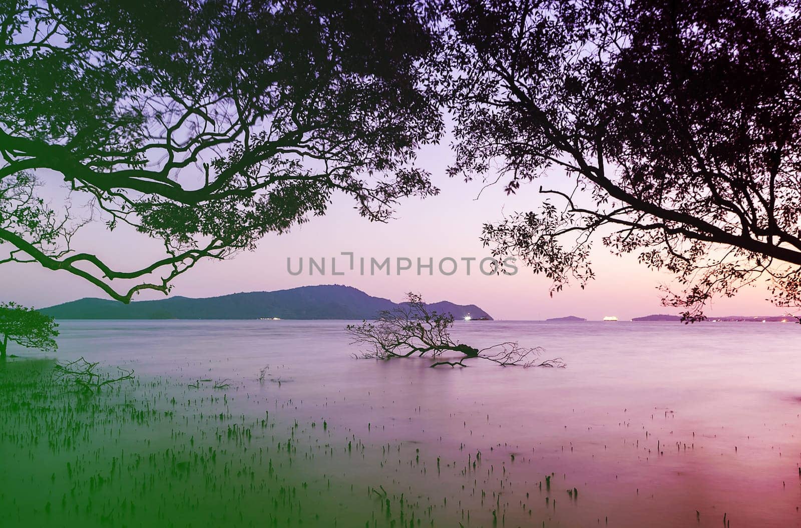 Vintage seascape colorful with color of sunset in twilight, Long speed shutter technique