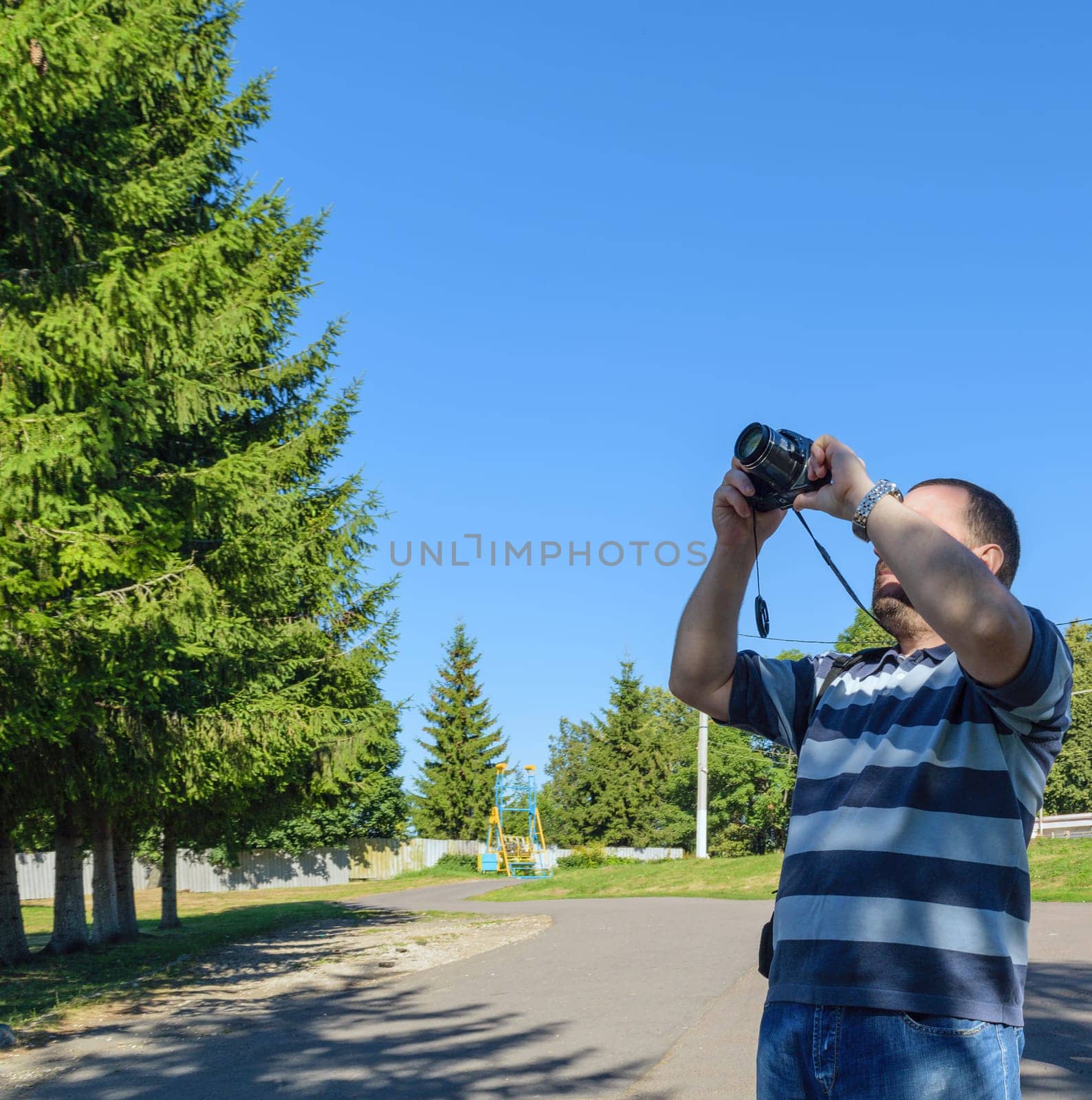 Middle-aged man with a camera taking pictures on a clear sunny summer day in the park with green trees