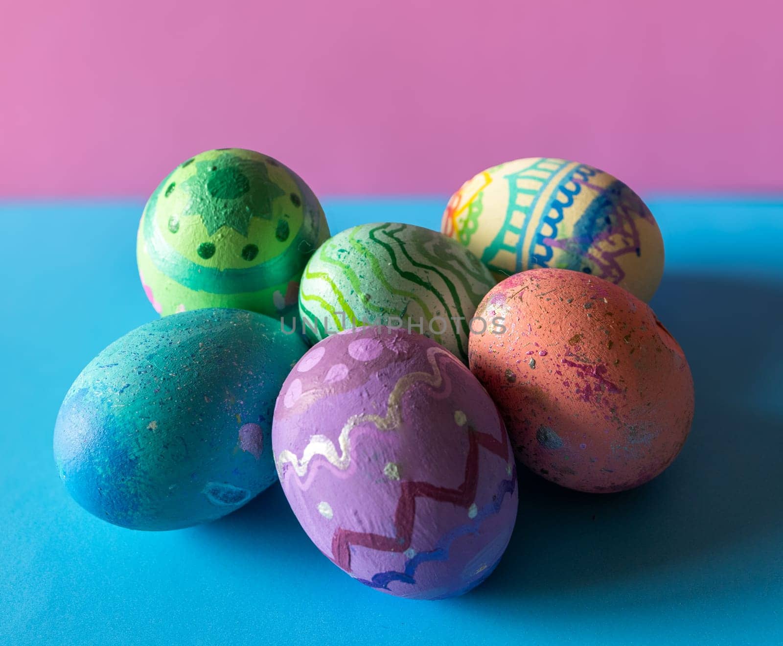 Homemade painted eggs.Pastel coloured eggs .Horizontal real picture . Easter egg hunt on Easter Sunday for children.