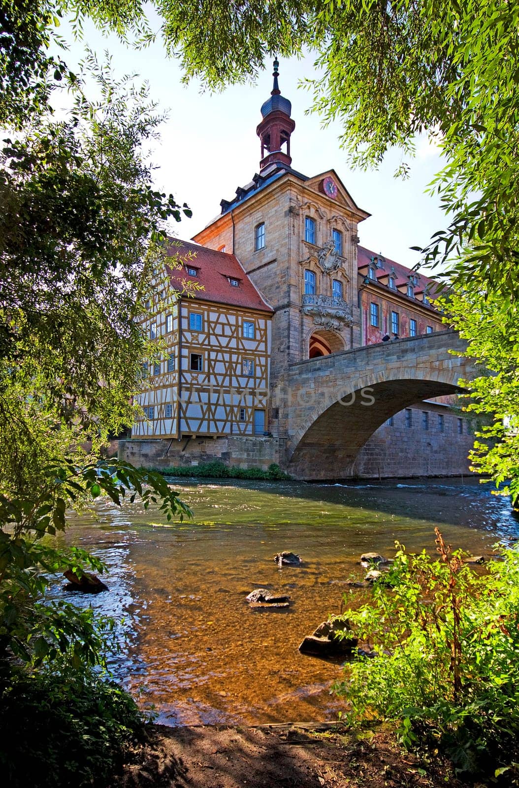 The old historic town hall in Bamberg - with the Rottmeisterhaus - built on an island in the Regnitz