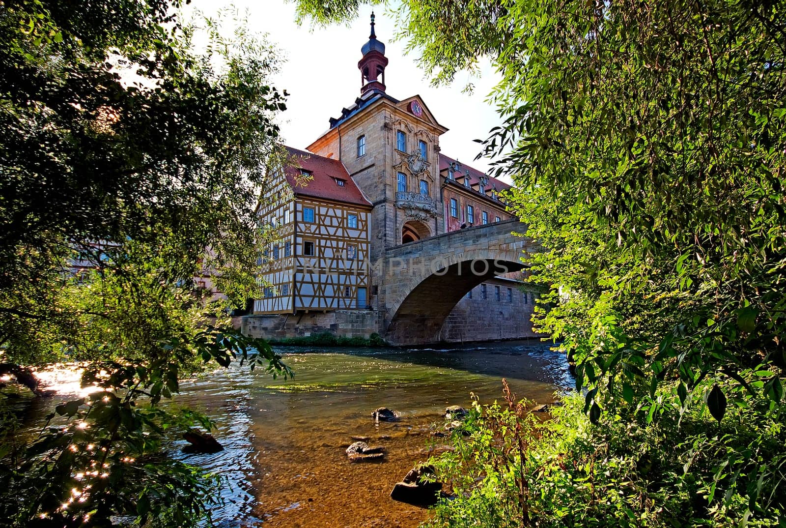 The old historic town hall in Bamberg - with the Rottmeisterhaus - built on an island in the Regnitz