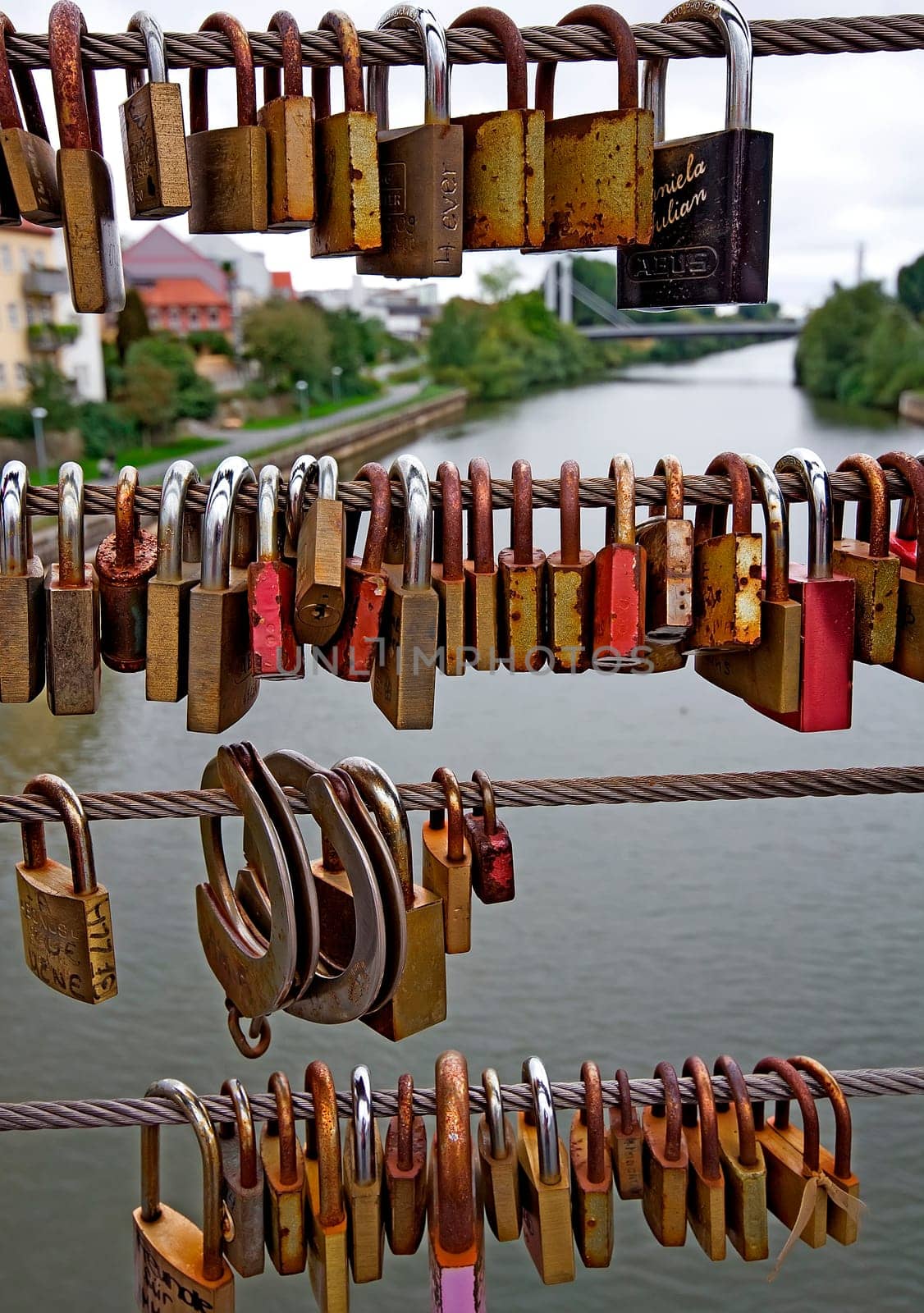 Locks as proof of love and loyalty at the Chain Bridge in Bamberg