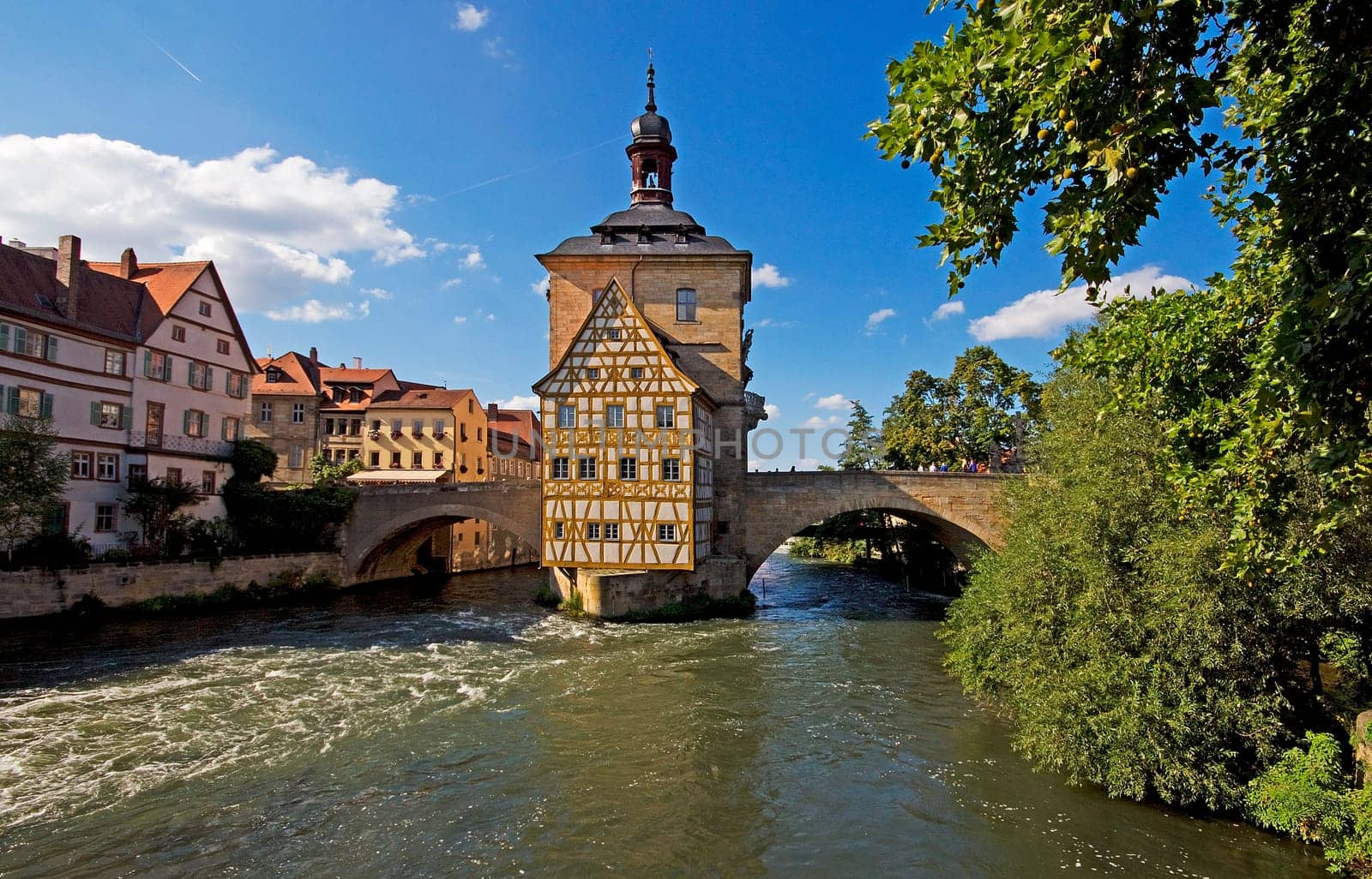 The old historic town hall in Bamberg - with the Rottmeisterhaus - built on an island in the Regnitz