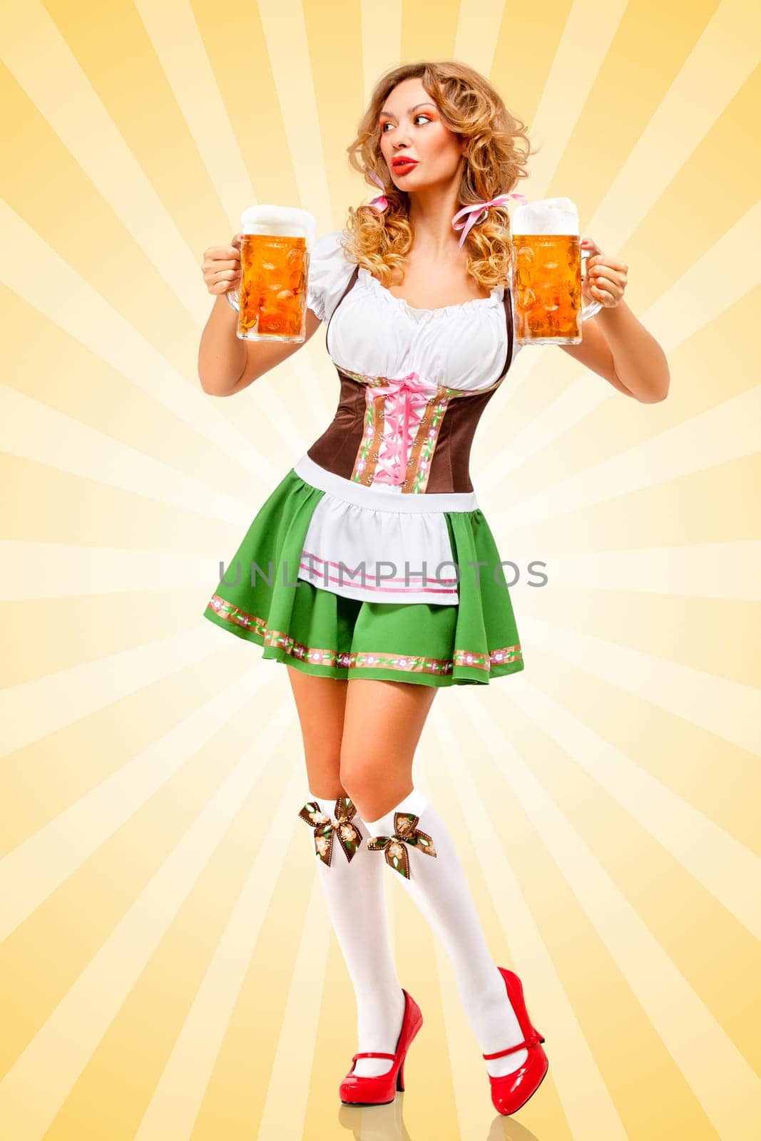 Beautiful sexy Oktoberfest woman wearing a traditional Bavarian dress dirndl looking aside with two beer mugs on colorful abstract cartoon style background.