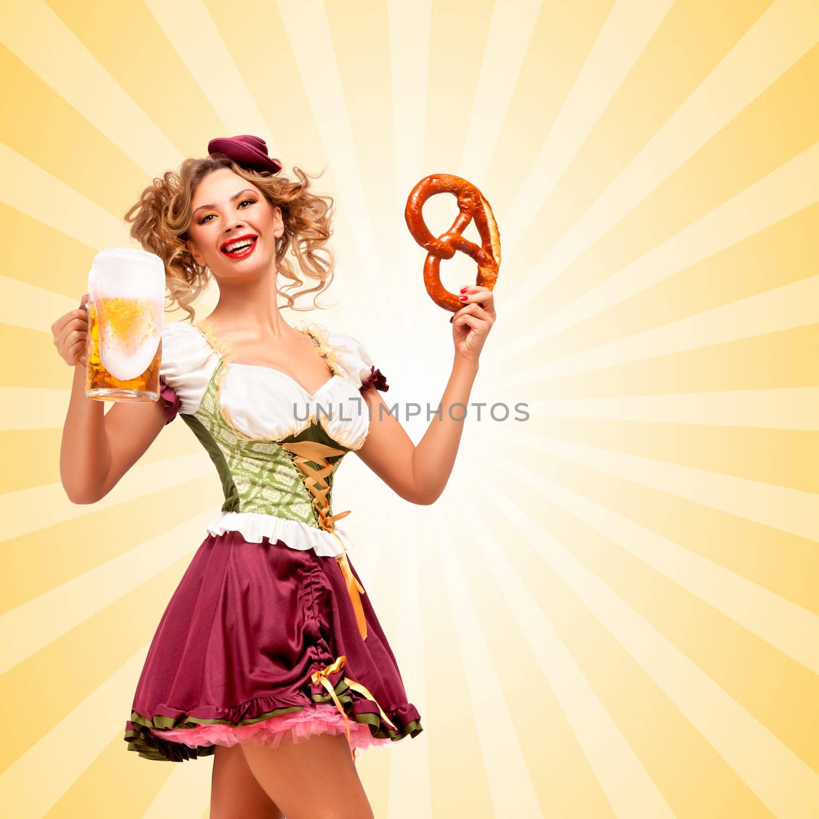 Beautiful sexy Oktoberfest waitress wearing a traditional Bavarian dress dirndl holding a pretzel and beer mug, and smiling happily on colorful abstract cartoon style background.
