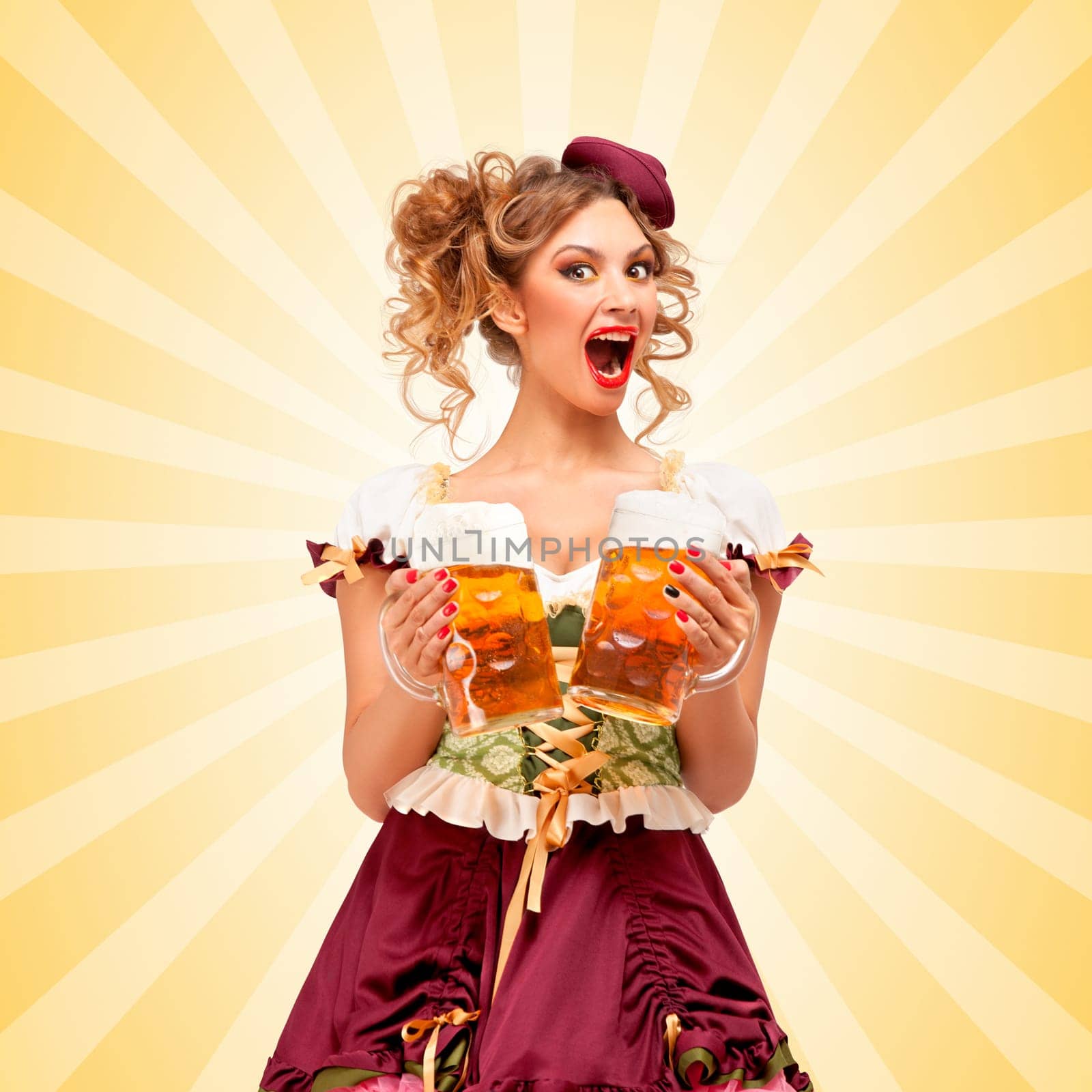 Beautiful surprised sexy Oktoberfest waitress wearing a traditional Bavarian dress dirndl holding two beer mugs on colorful abstract cartoon style background.