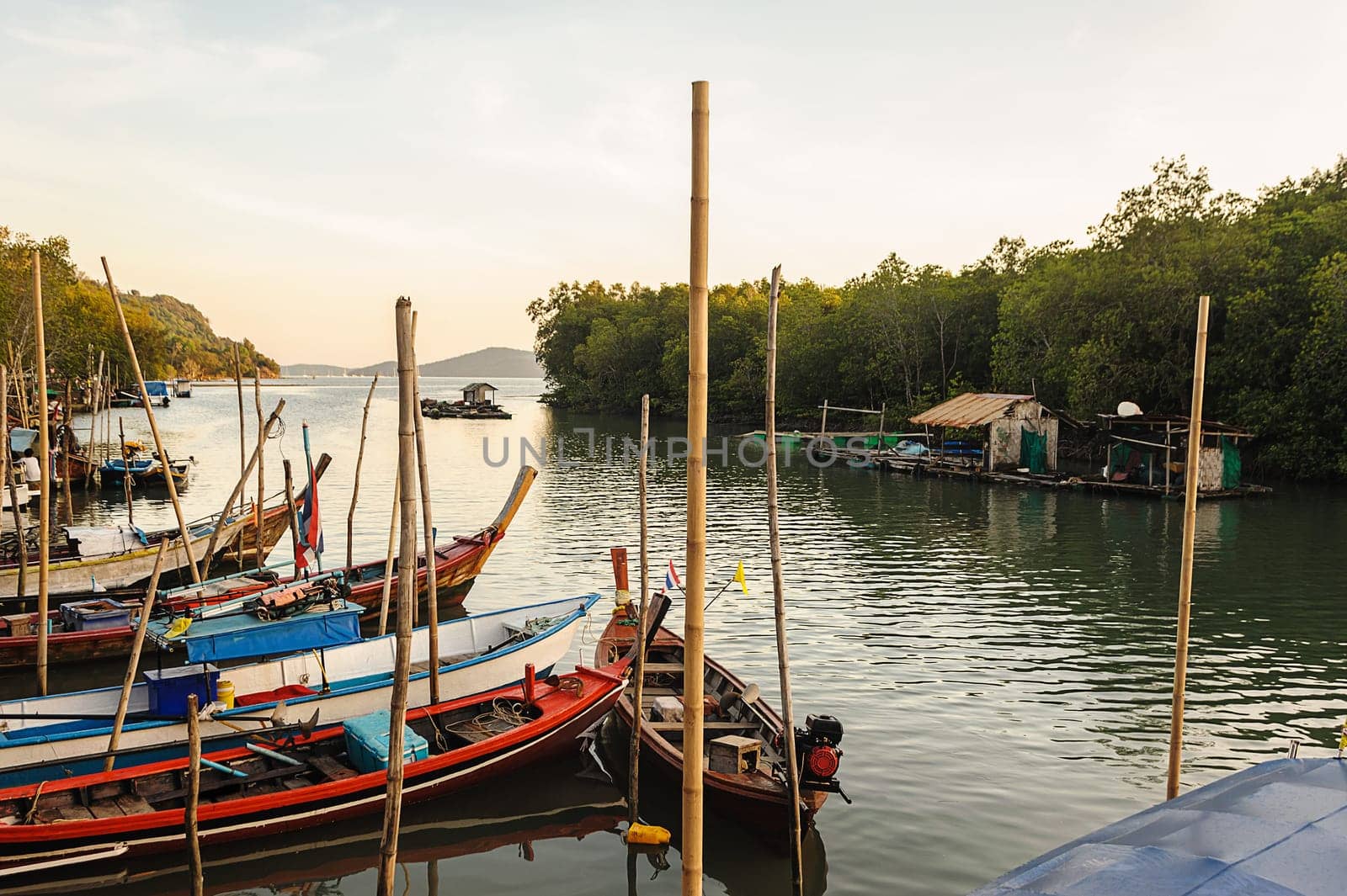 All fishing boat in the sea with color of sunlight, Phuket thailand