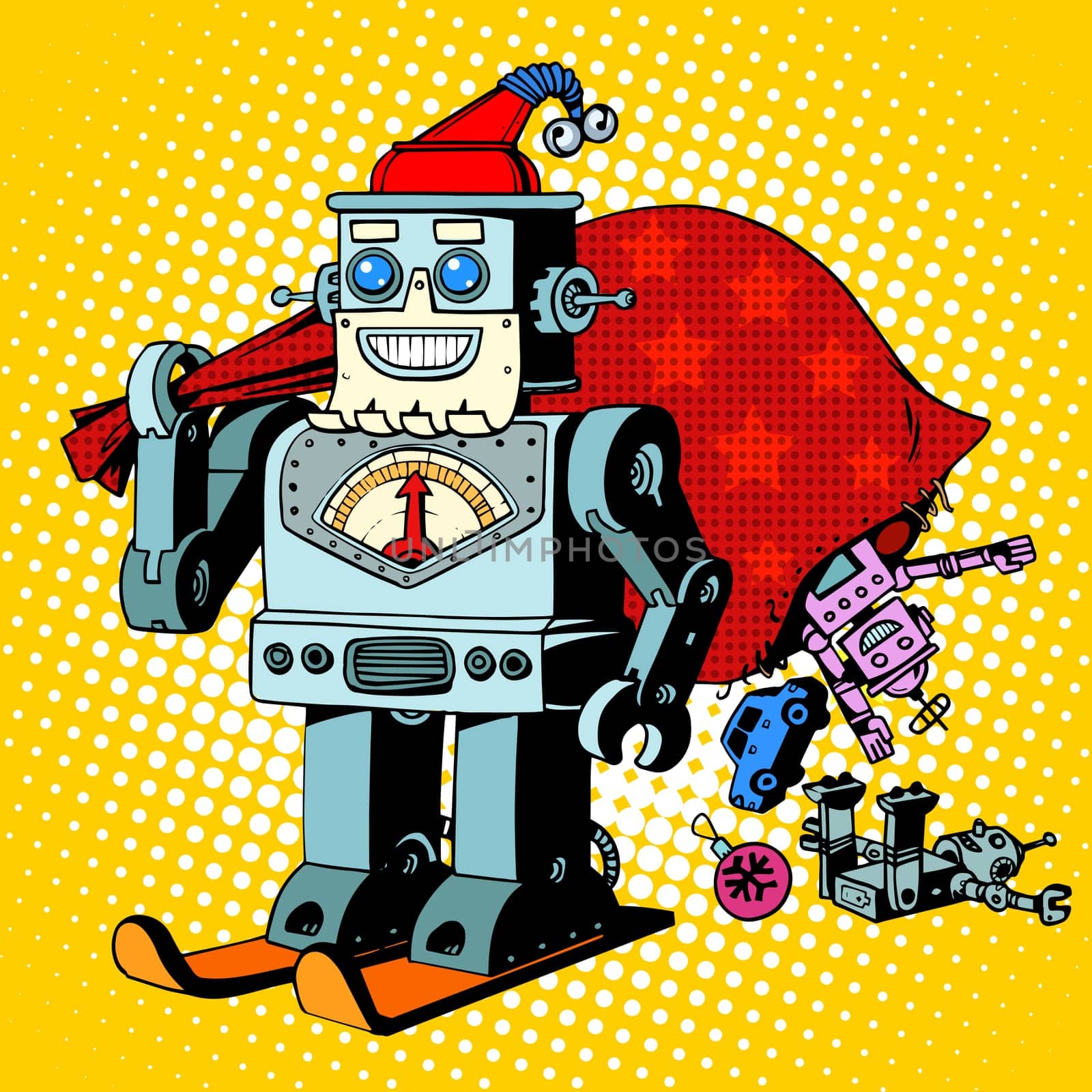 Robot Santa Claus Christmas gifts humor character Robosanta retro pop art style