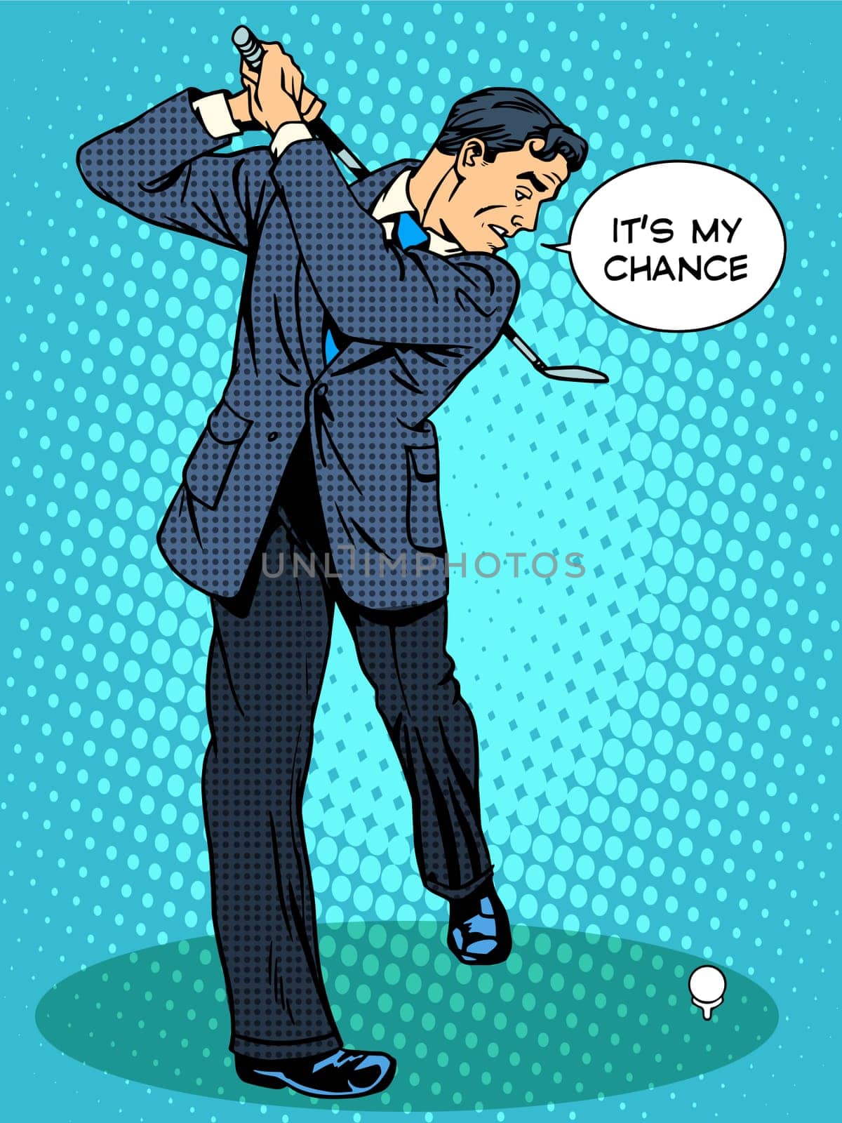 Business concept this is my chance businessman playing Golf retro style pop art