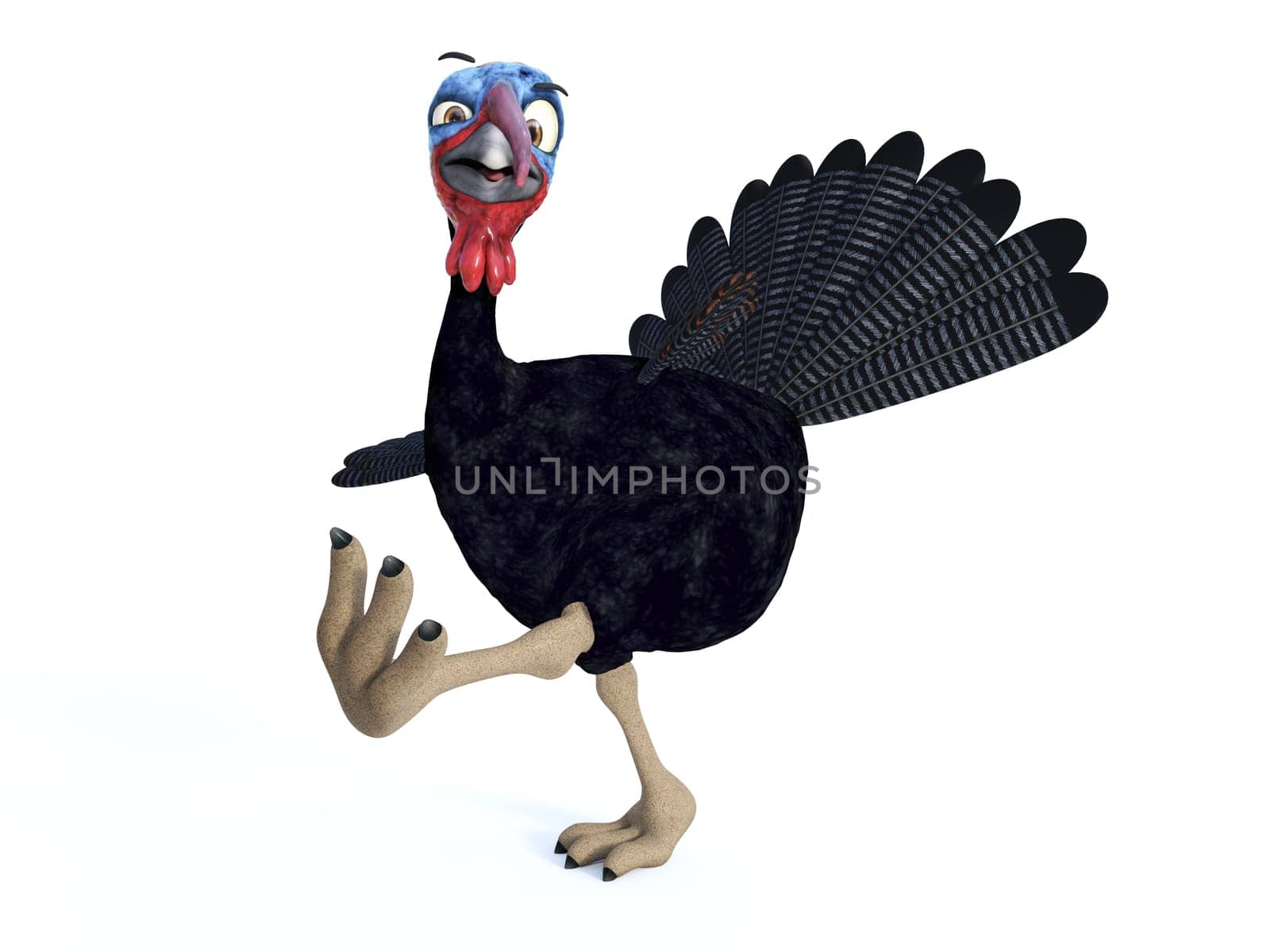 A funny silly looking cartoon turkey marching. White background.