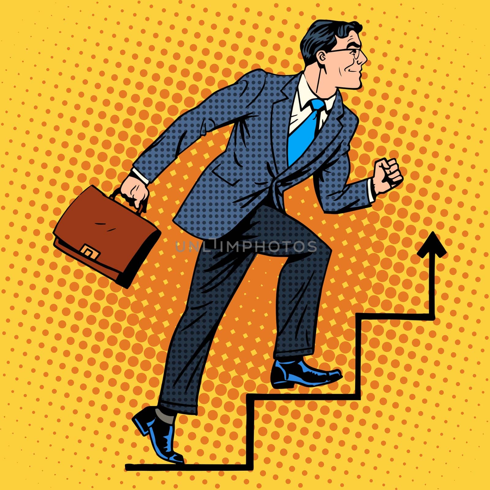 Businessman climbs up the career ladder retro style pop art