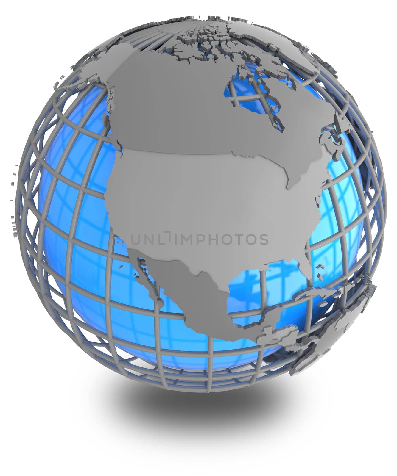 North America on a grey geographic net enveloping Earth, isolated on white background.