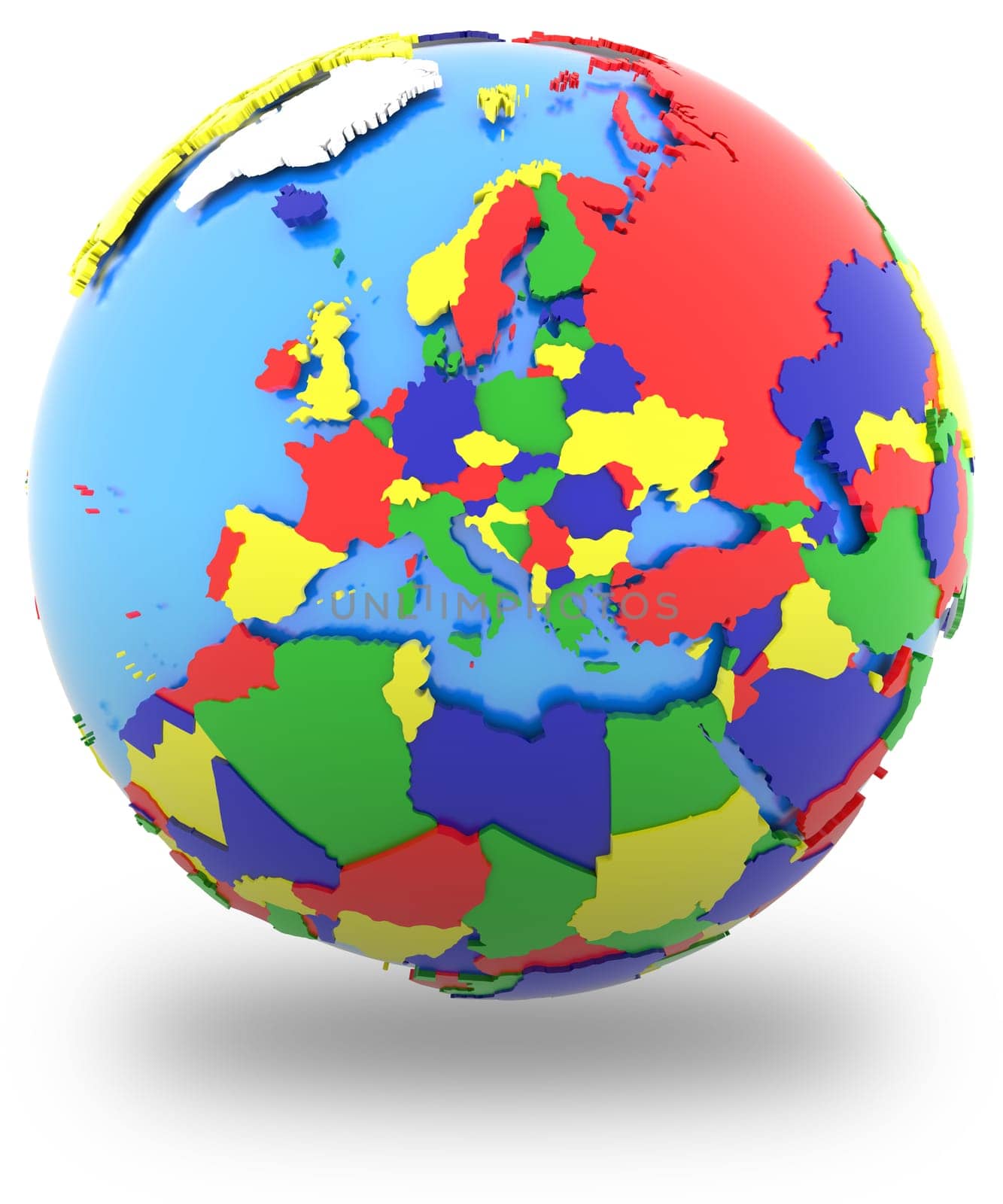Political map of Europe with countries in four colours, isolated on white background.