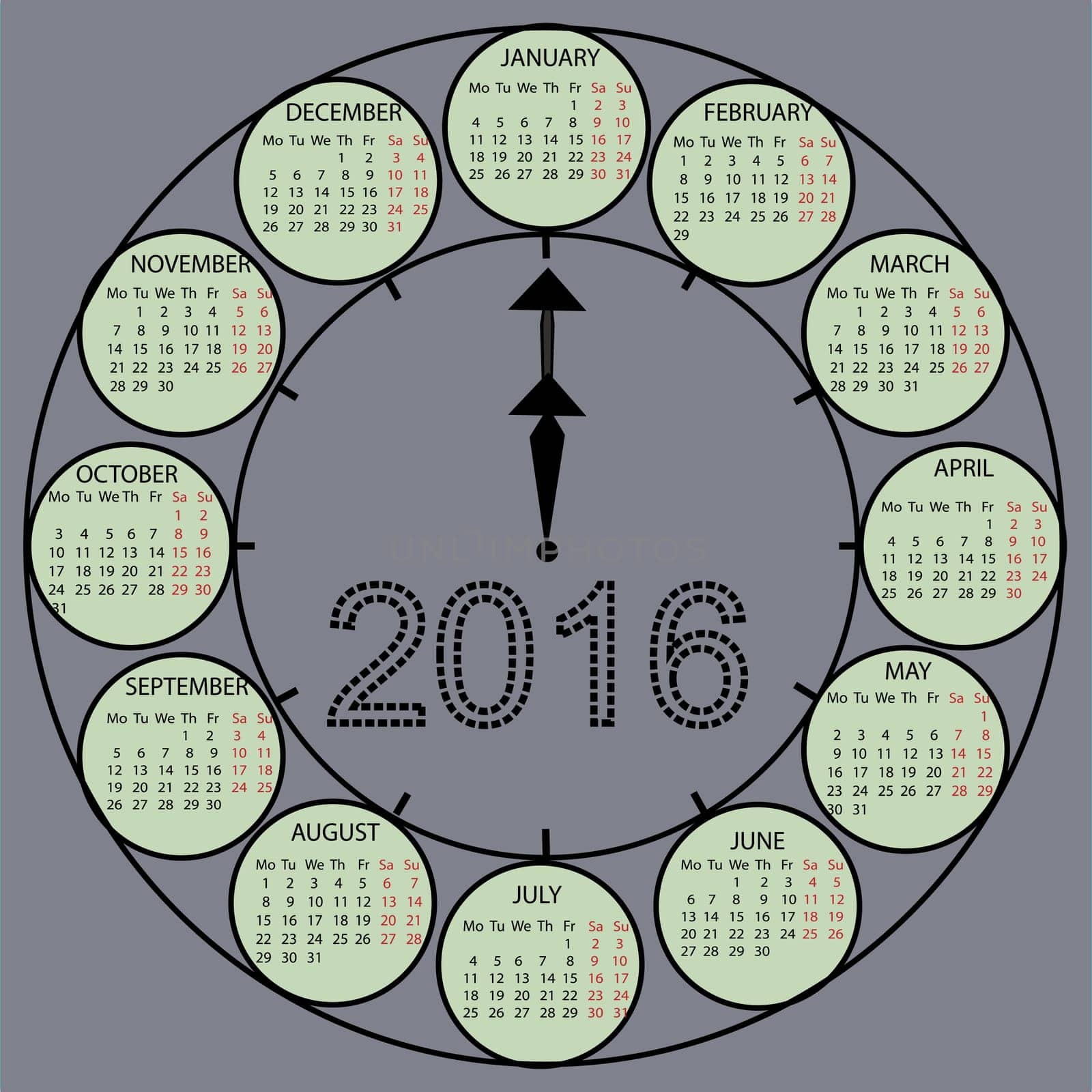 The watch dial hands. Simple 2015 year vector calendar design. Week starts with monday