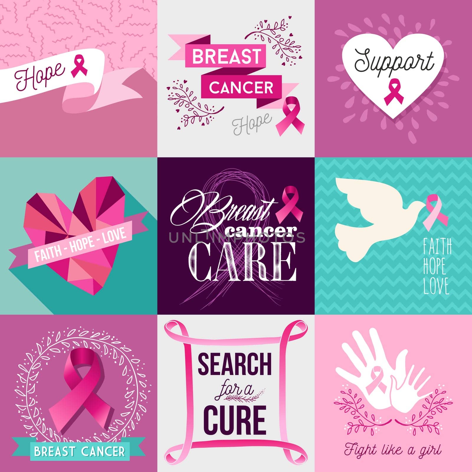 Breast cancer awareness flat illustration graphics elements set with pink vintage symbols and font text. EPS10 vector file.