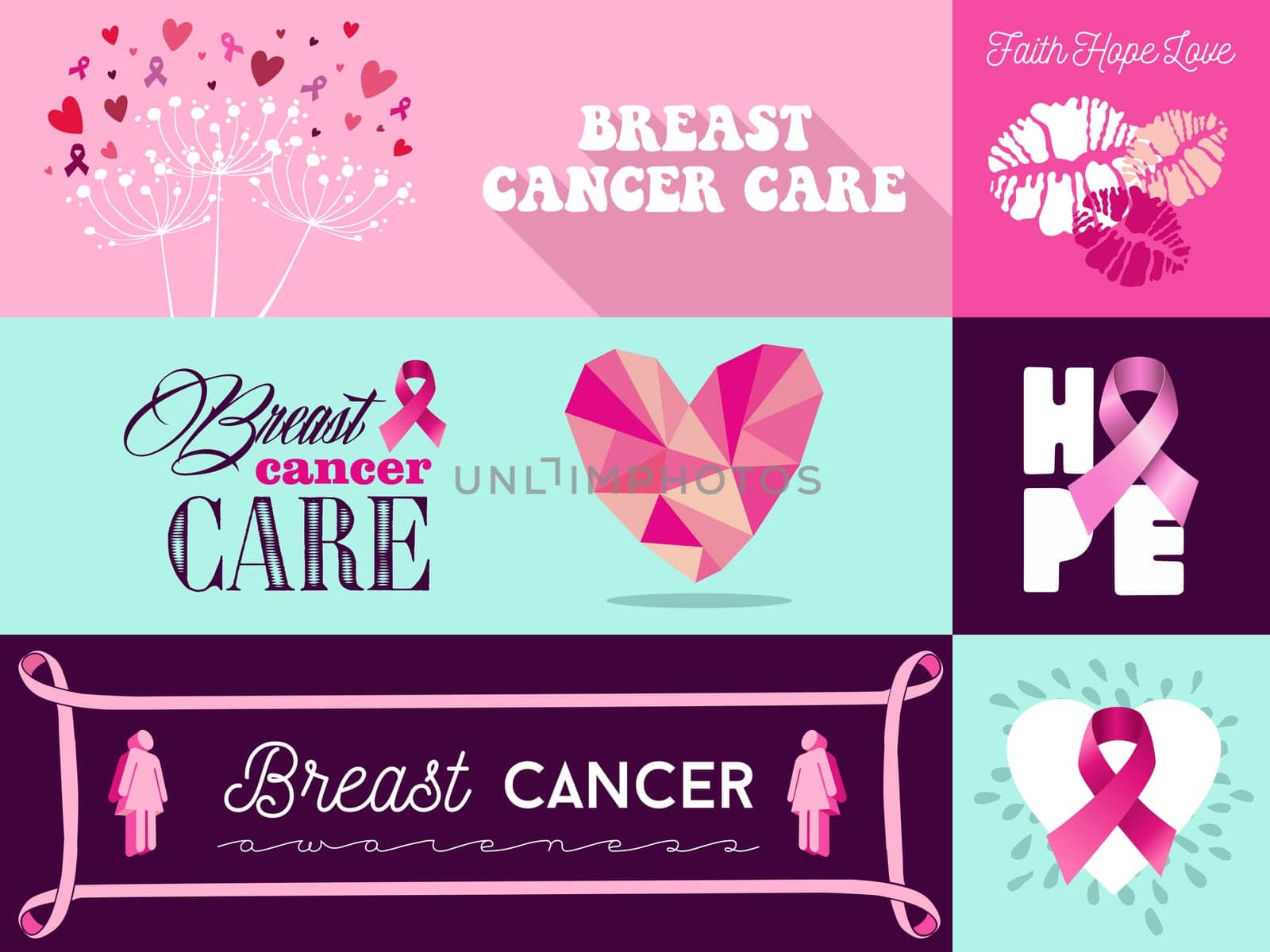 Flat banner with graphics elements set ideal for social media or online campaign in support of breast cancer awareness