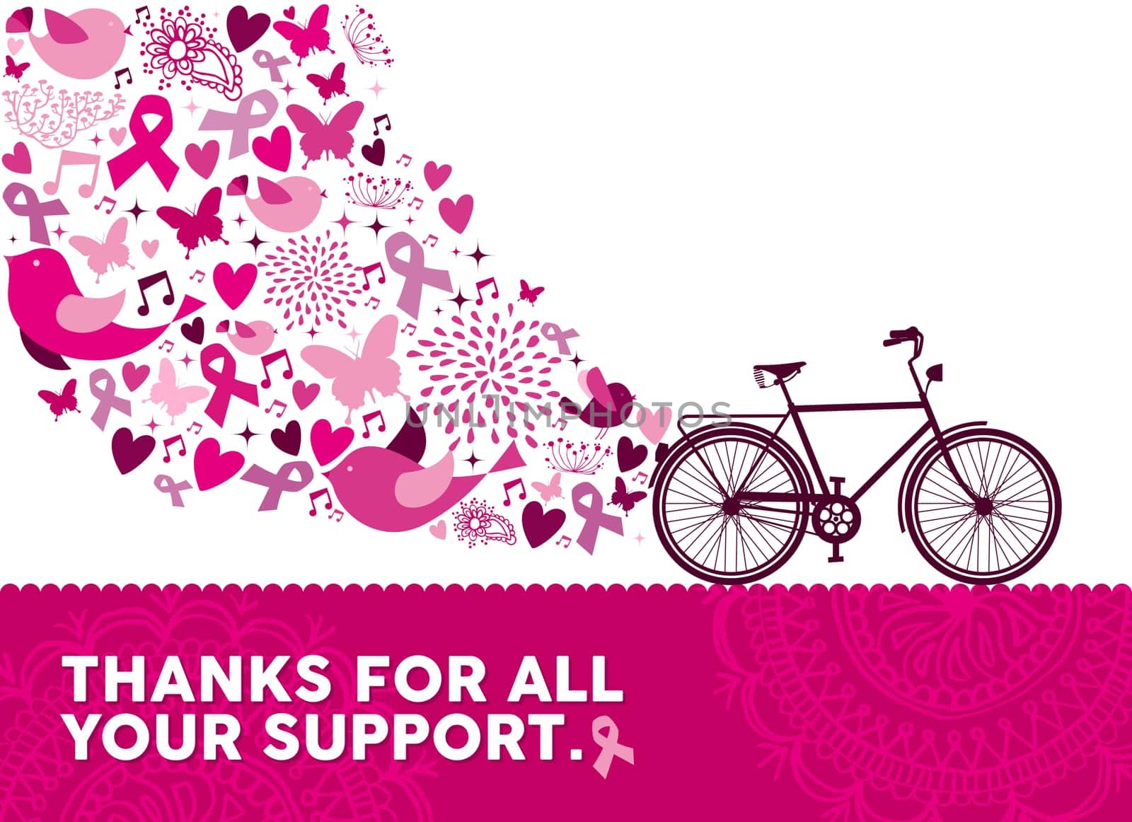 Healthy lifestyle exercise bike design with pink ribbon and nature elements for breast cancer awareness support. EPS10 vector file.