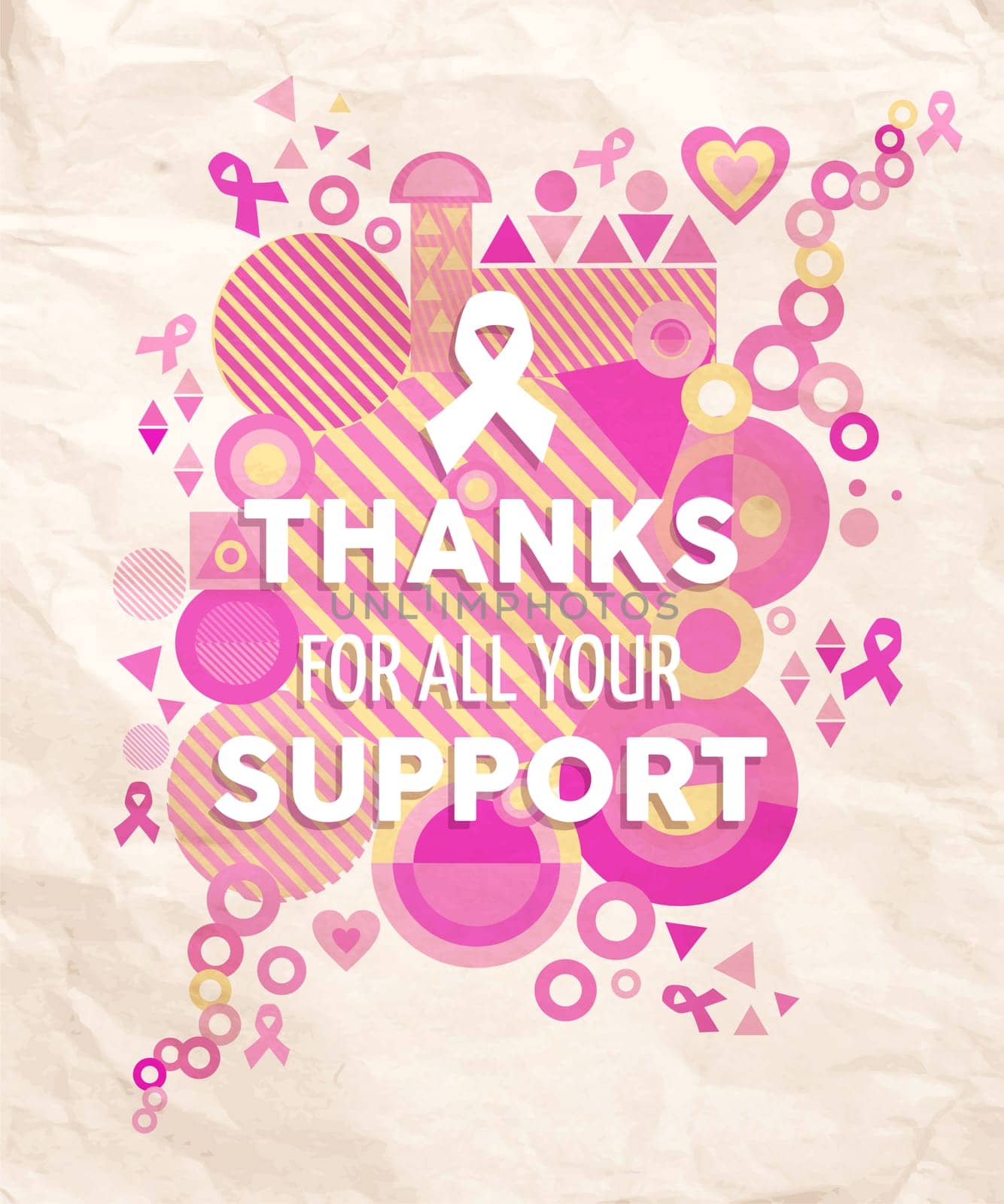 Breast cancer awareness thanks for your support typography poster with pink geometry shapes, heart and ribbon elements. EPS10 vector file.
