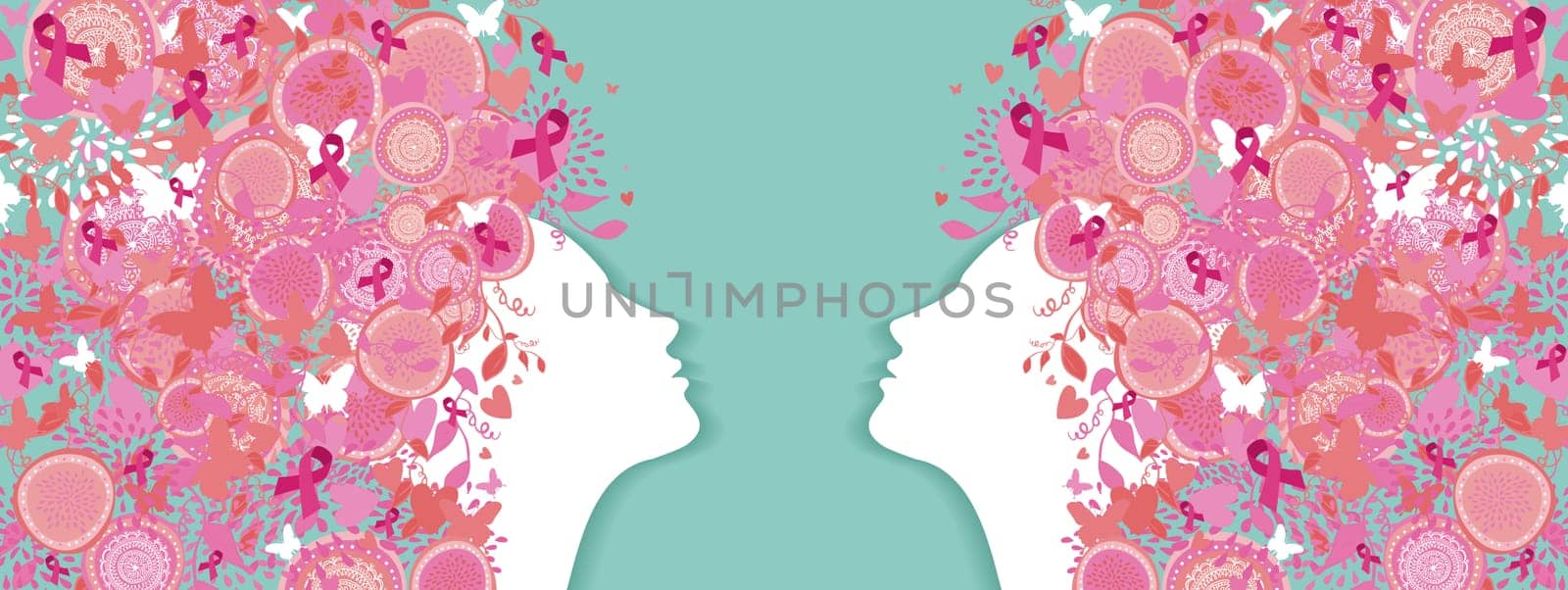 Healthy women face profile silhouette with pink hair ribbon and nature symbols for breast cancer awareness campaign. EPS10 vector file.