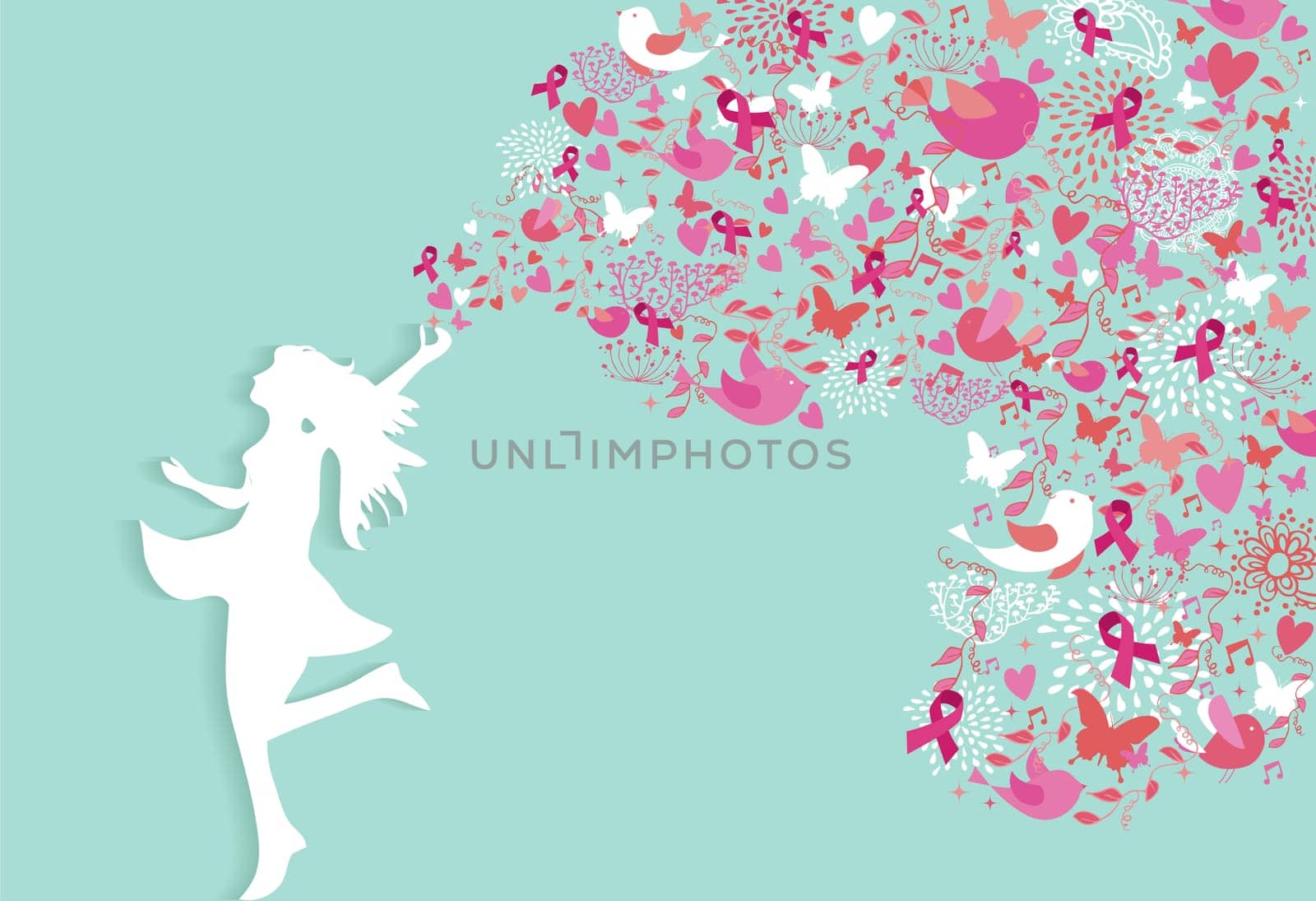 Healthy woman silhouette pink ribbon spring nature symbols in support of breast cancer awareness. EPS10 vector file.