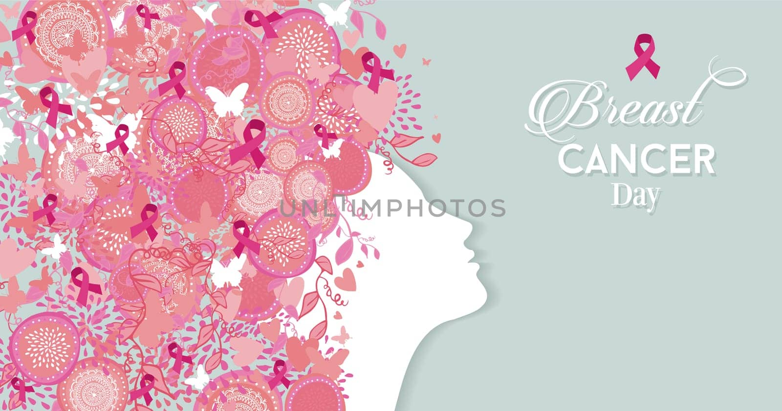 Healthy woman face profile silhouette with pink hair ribbon and nature symbols for breast cancer awareness day. EPS10 vector file.
