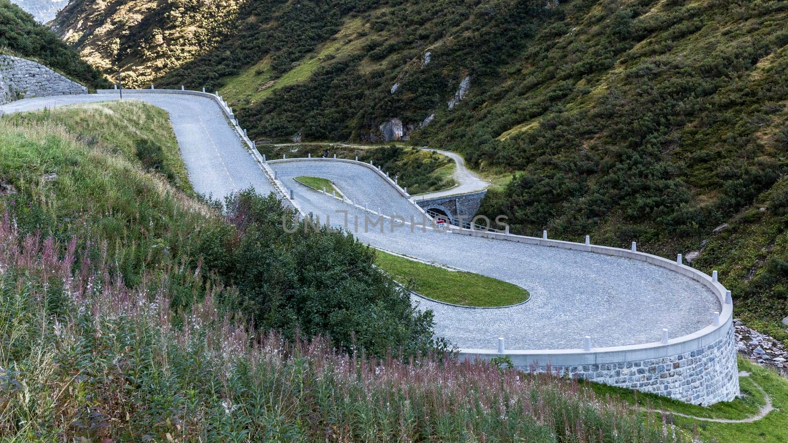 Serpentines of the Tremola Gotthard Pass Road in the Swiss Alps