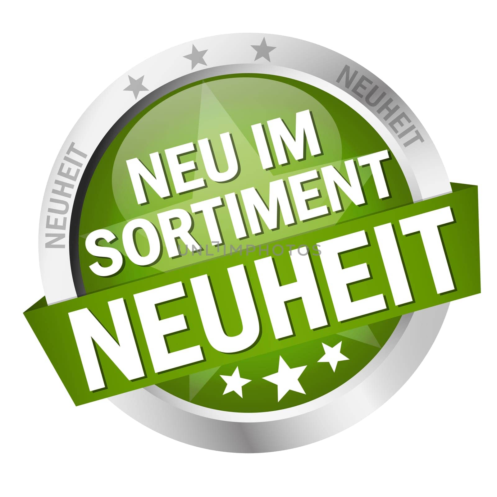 green button with banner and text Novelty - New in the range