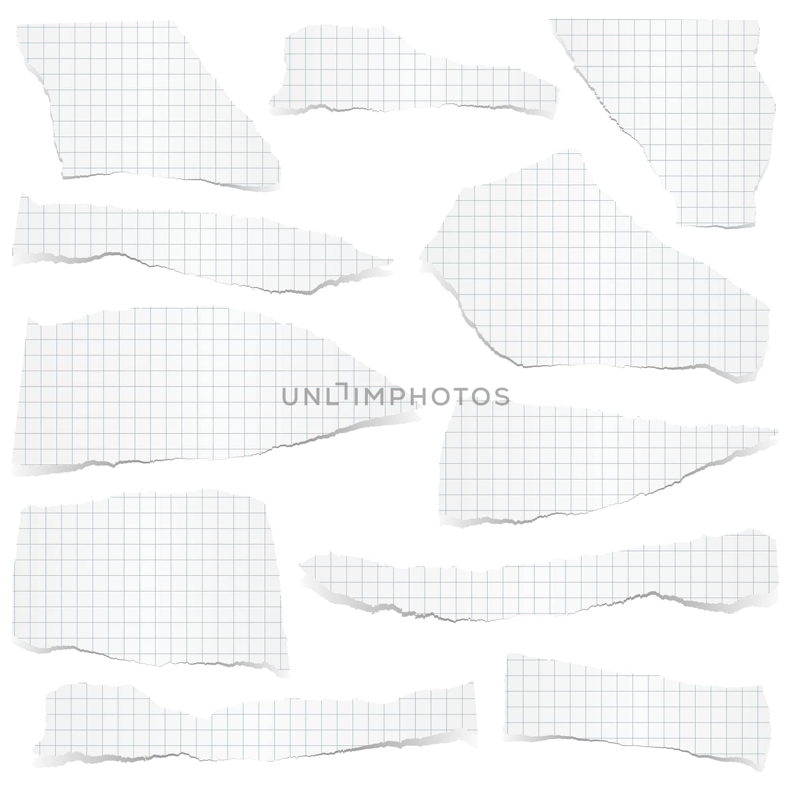 collection of white checkered scraps of papers with shadows